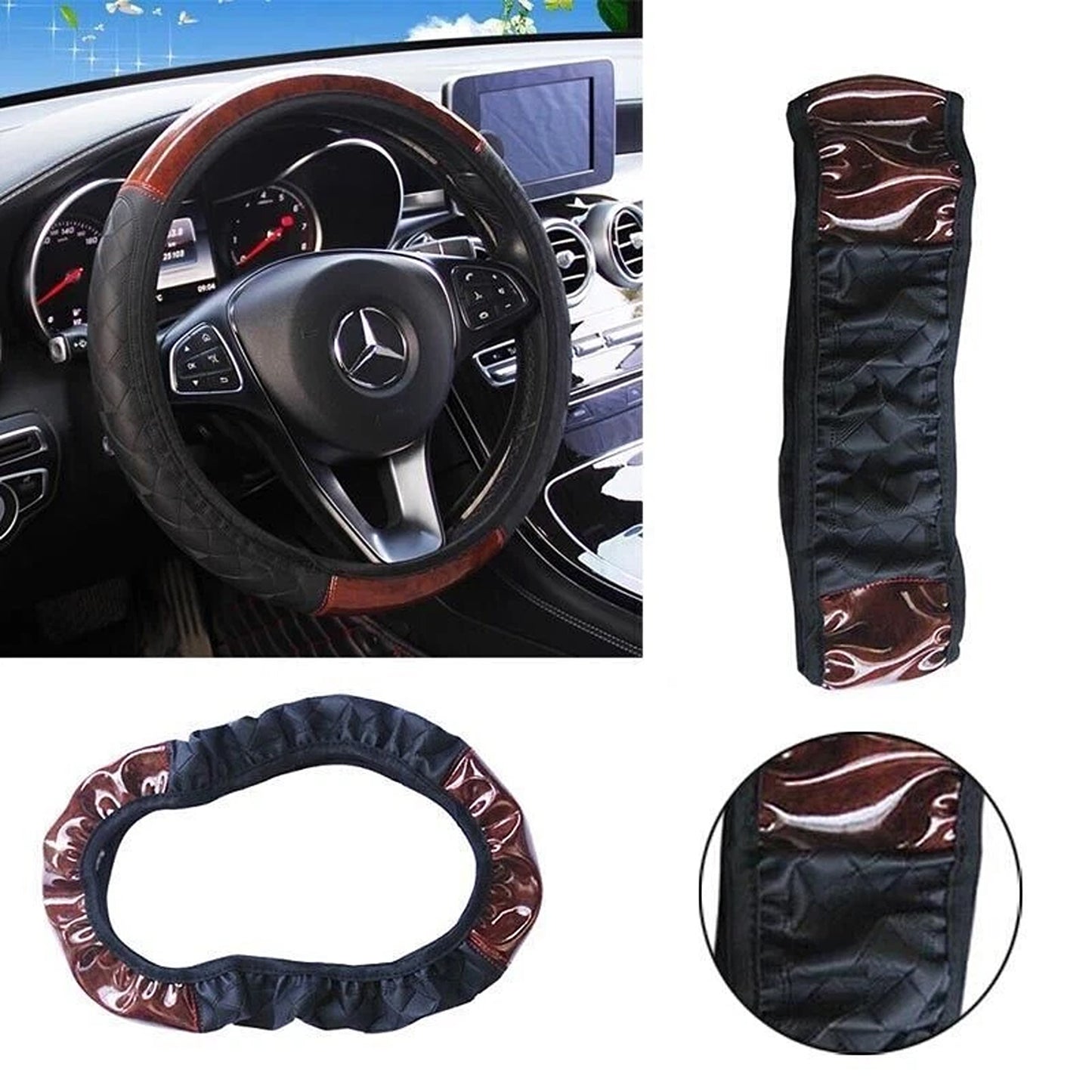 Car Steering Wheel Cover in Mahogany Wood Style PU Leather
