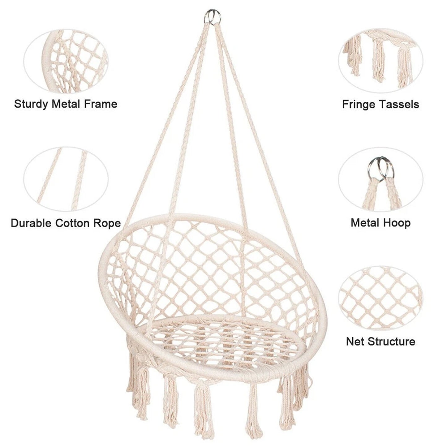 Beige Hammock Swing Chair Cotton Macrame Hanging Rope Seat