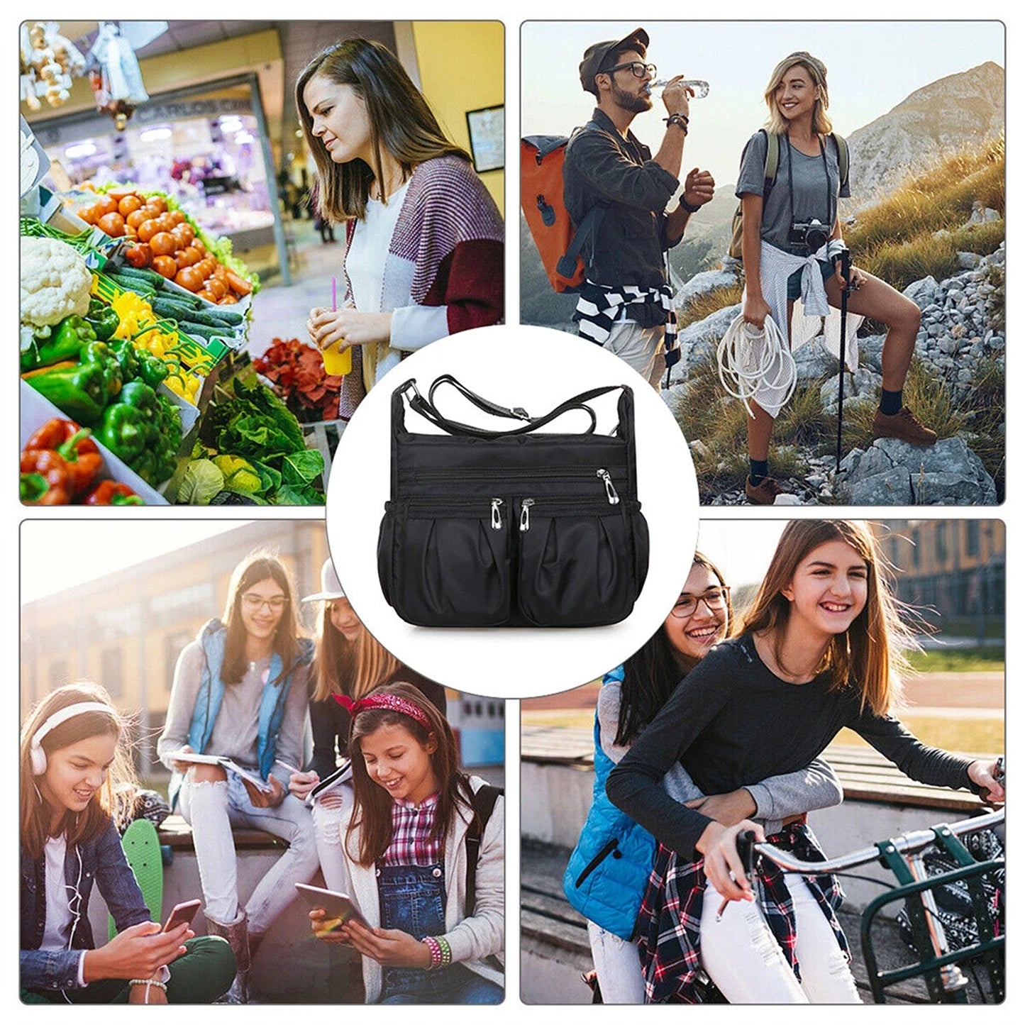 Black Womens Multi Pocket Crossbody Bag Casual Travel Shoulder Handbag