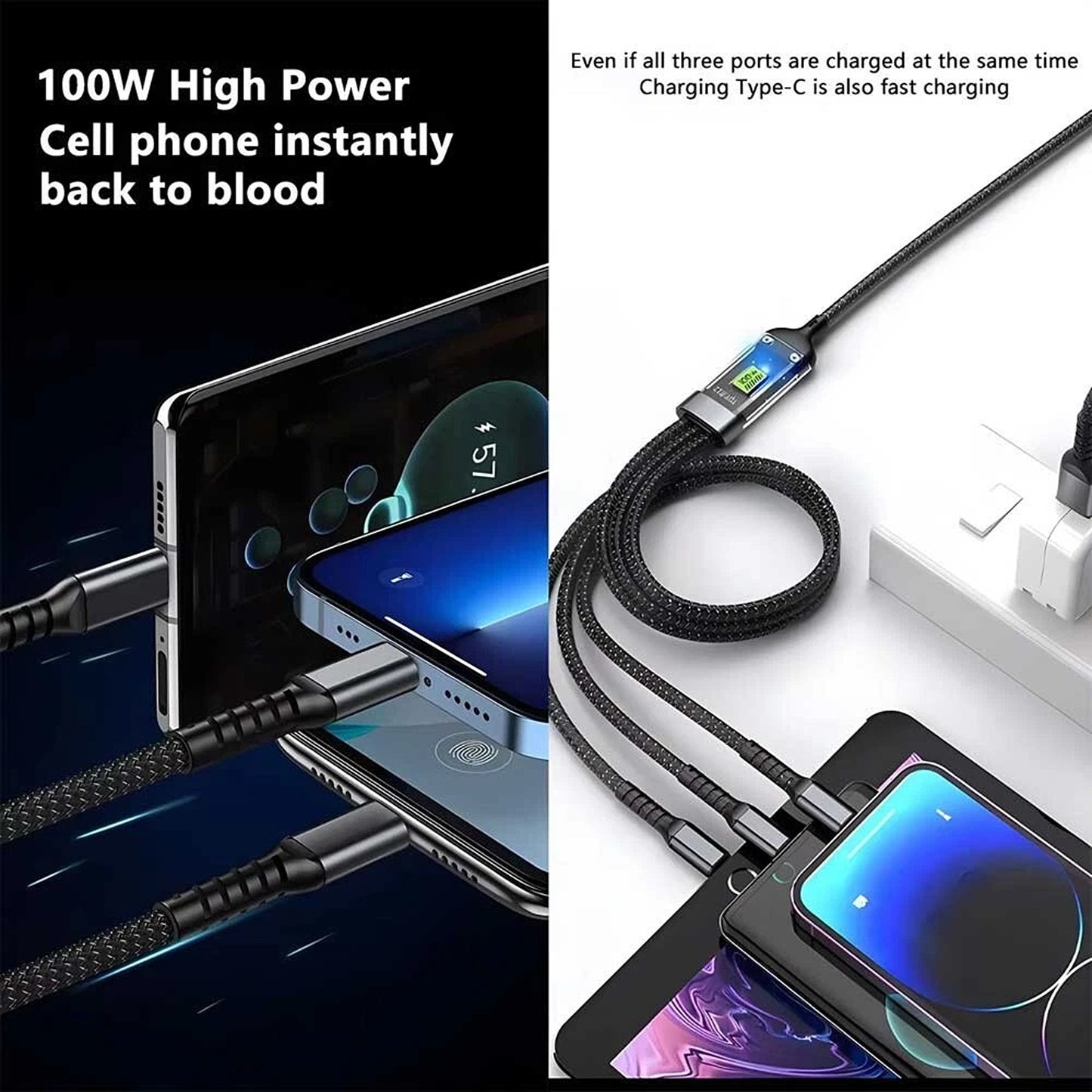 3 in 1 Fast Charging Cable USB Type C iPhone Samsung 100W Braided