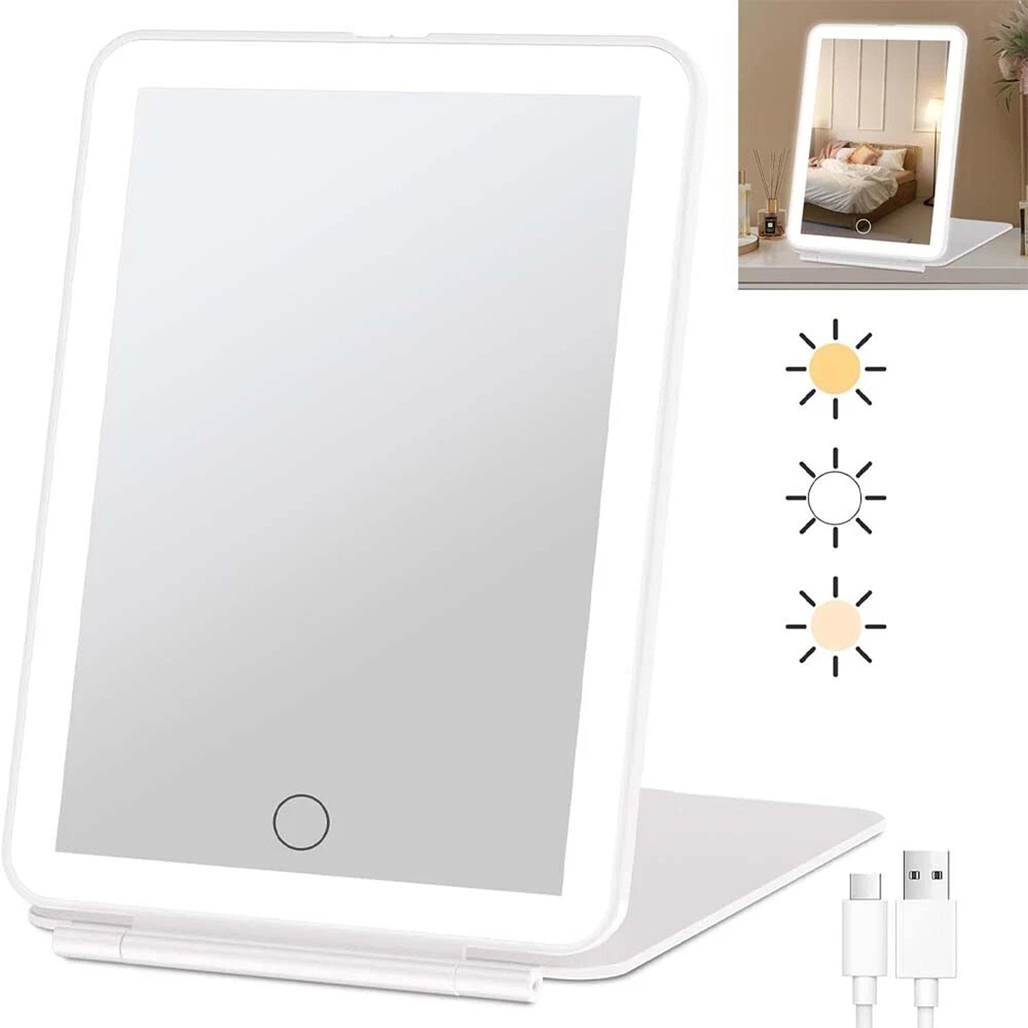 Rechargeable LED Folding Makeup Mirror with USB and Touch Screen