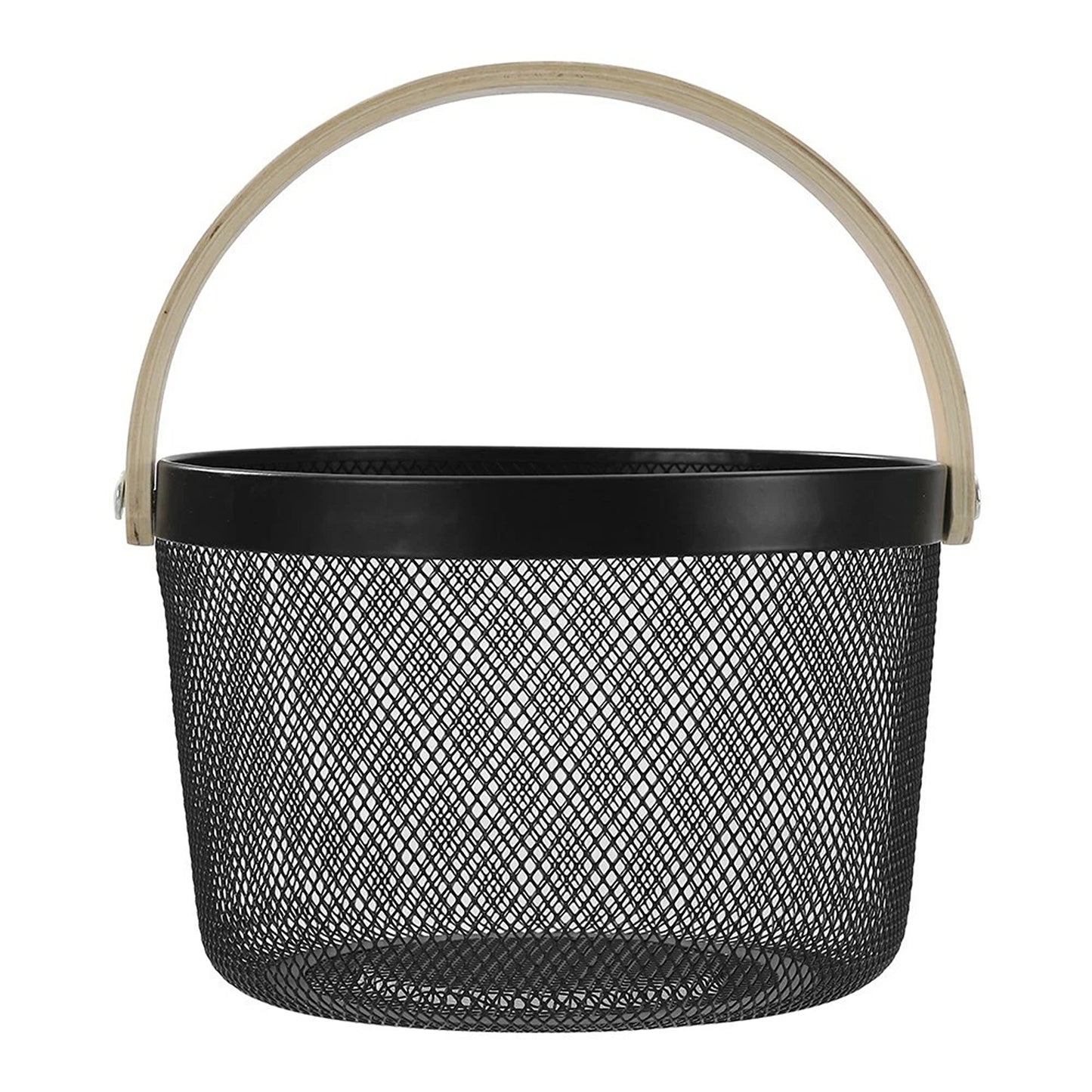 Black Mesh Round Basket With Wooden Handle Fruit Bread Storage Basket