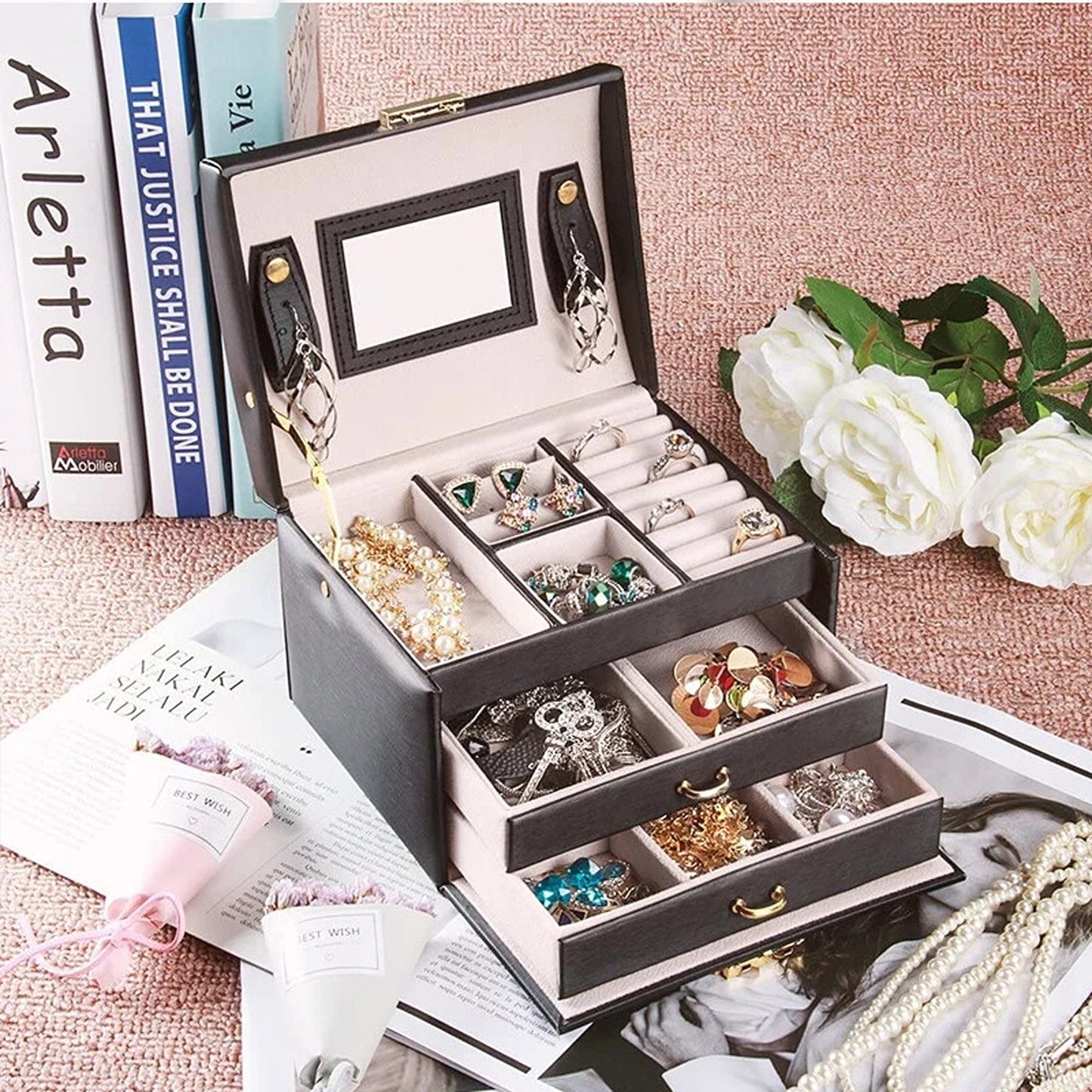 Jewelry Storage Case with Holder for Earrings and Rings