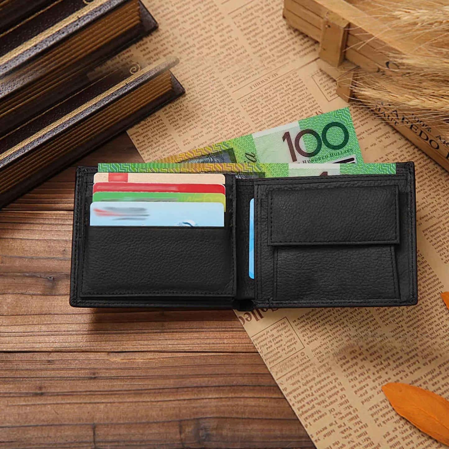 Mens Genuine Leather Wallet with Coin Pocket and Multiple Card Slots