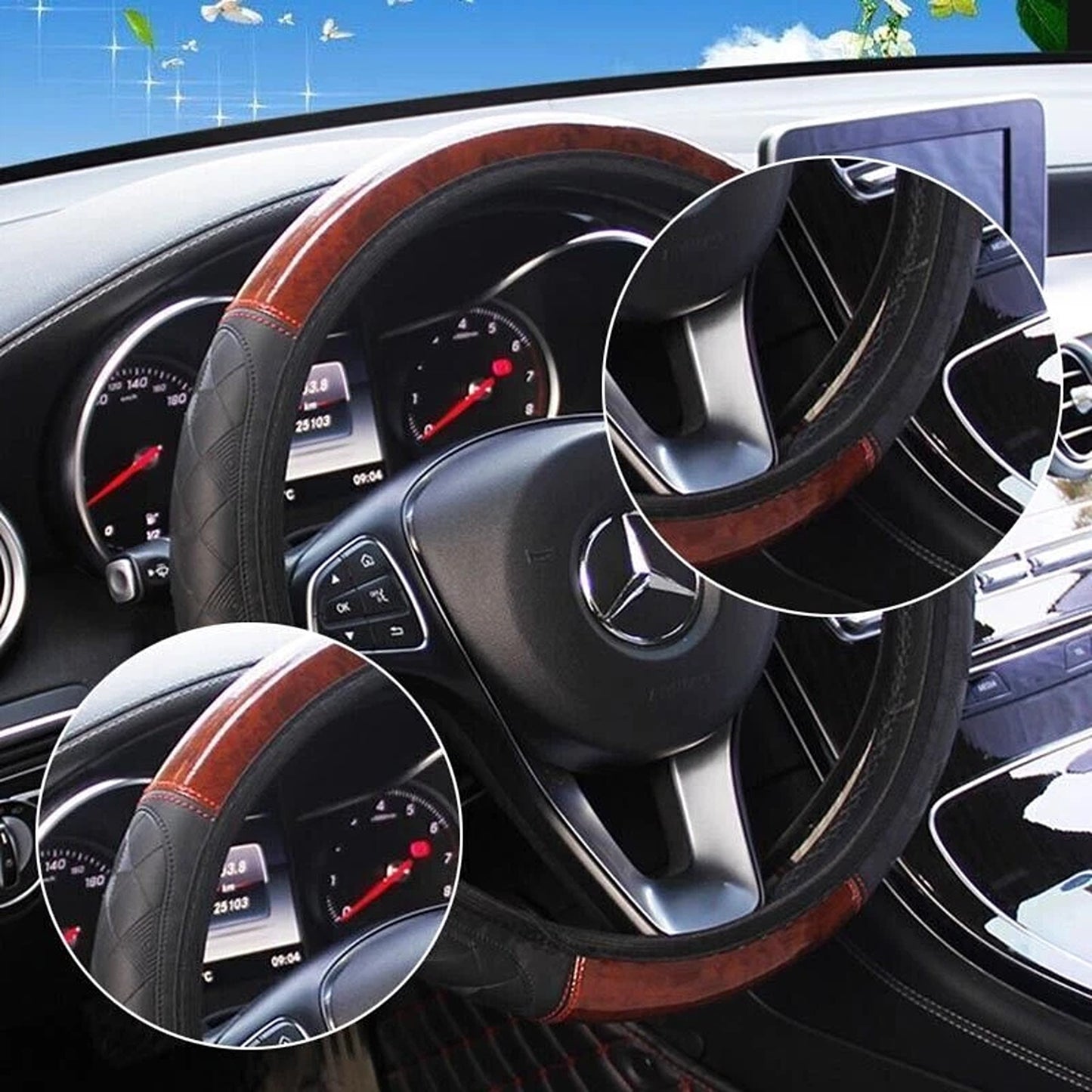 Car Steering Wheel Cover in Mahogany Wood Style PU Leather