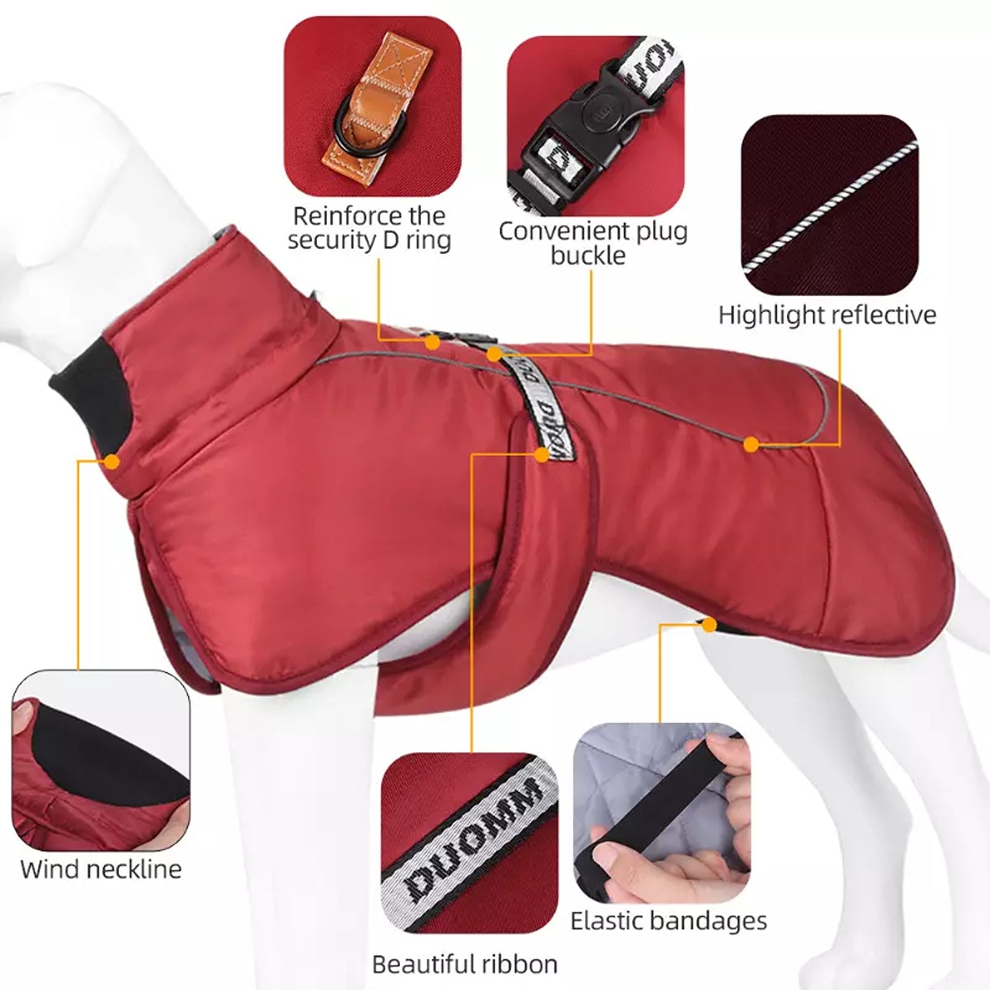 Waterproof Winter Warm Dog Jacket Thick Windproof Coat - Red