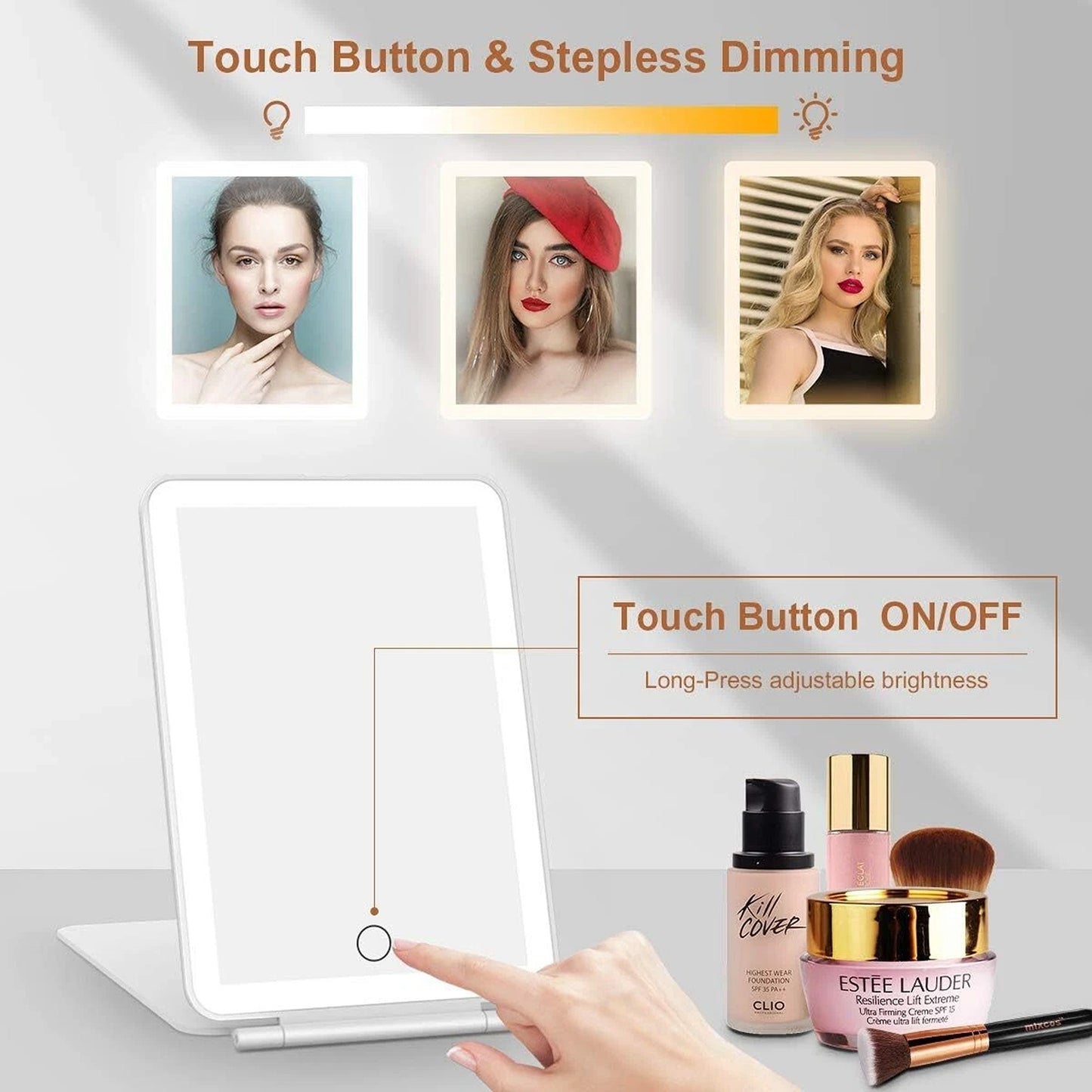 Rechargeable LED Folding Makeup Mirror with USB and Touch Screen