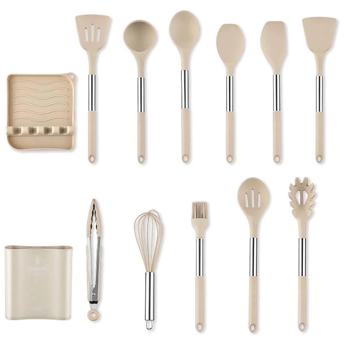 13 Piece Kitchen Utensil Set Silicone Tools with Stainless Steel Handles - Khaki