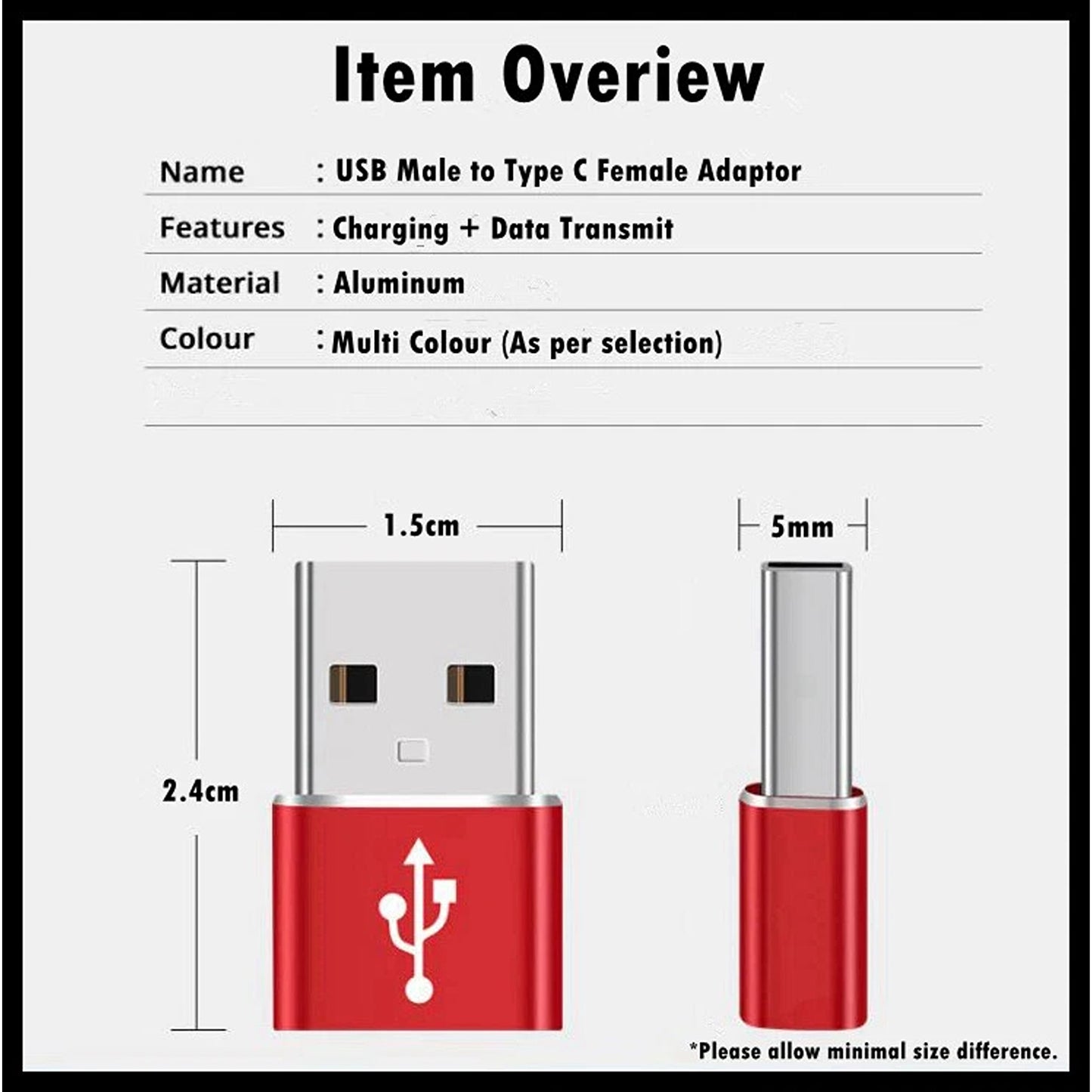 Black USB Type A Male to USB C Female Charging Port Adapter Converter