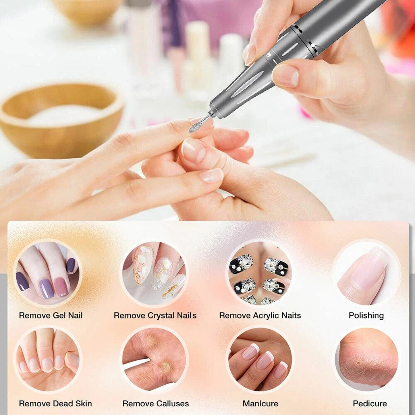 Silver Portable Nail Drill Machine for Manicure and Pedicure 35000RPM