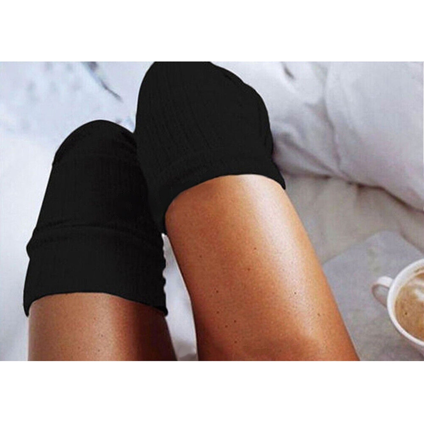 Solid Color Thigh High Socks Cable Knit - Black