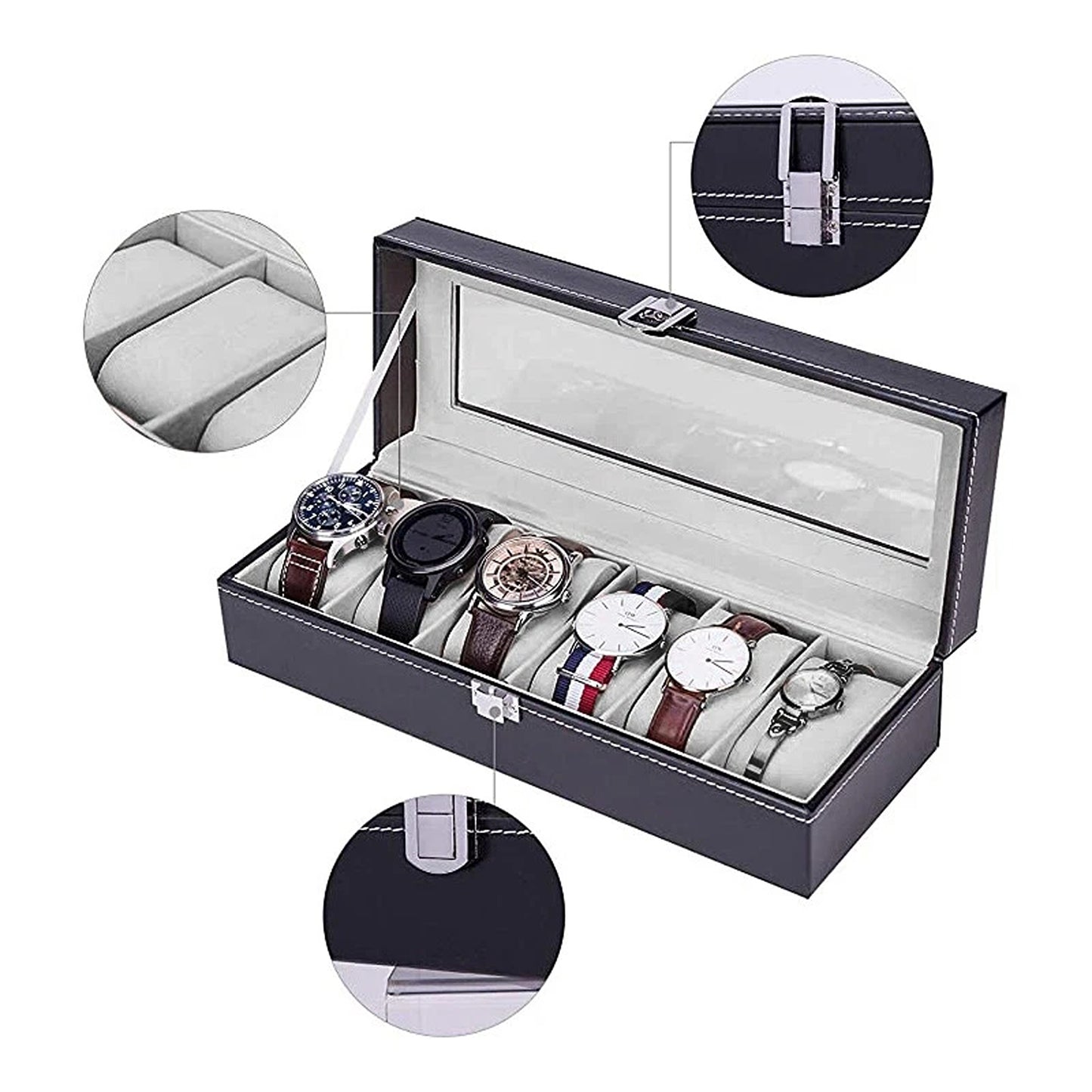 Leather Watch Display Storage Box for 6 Watches