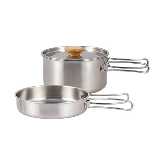 2pcs Stainless Steel Camping Pot and Pan Set with Folding Handles