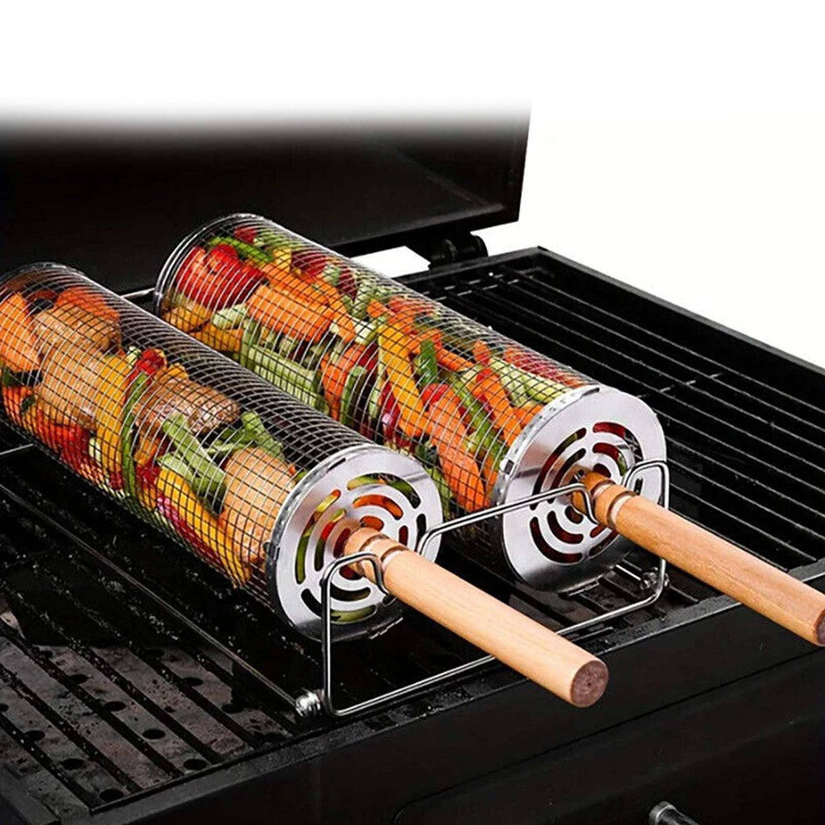 Rolling BBQ Grill Basket Tube Rotisserie Cooking Accessories 2pcs