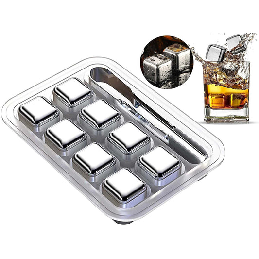8Pcs Stainless Steel Whiskey Stones Reusable Cooling Ice Cubes with Tongs