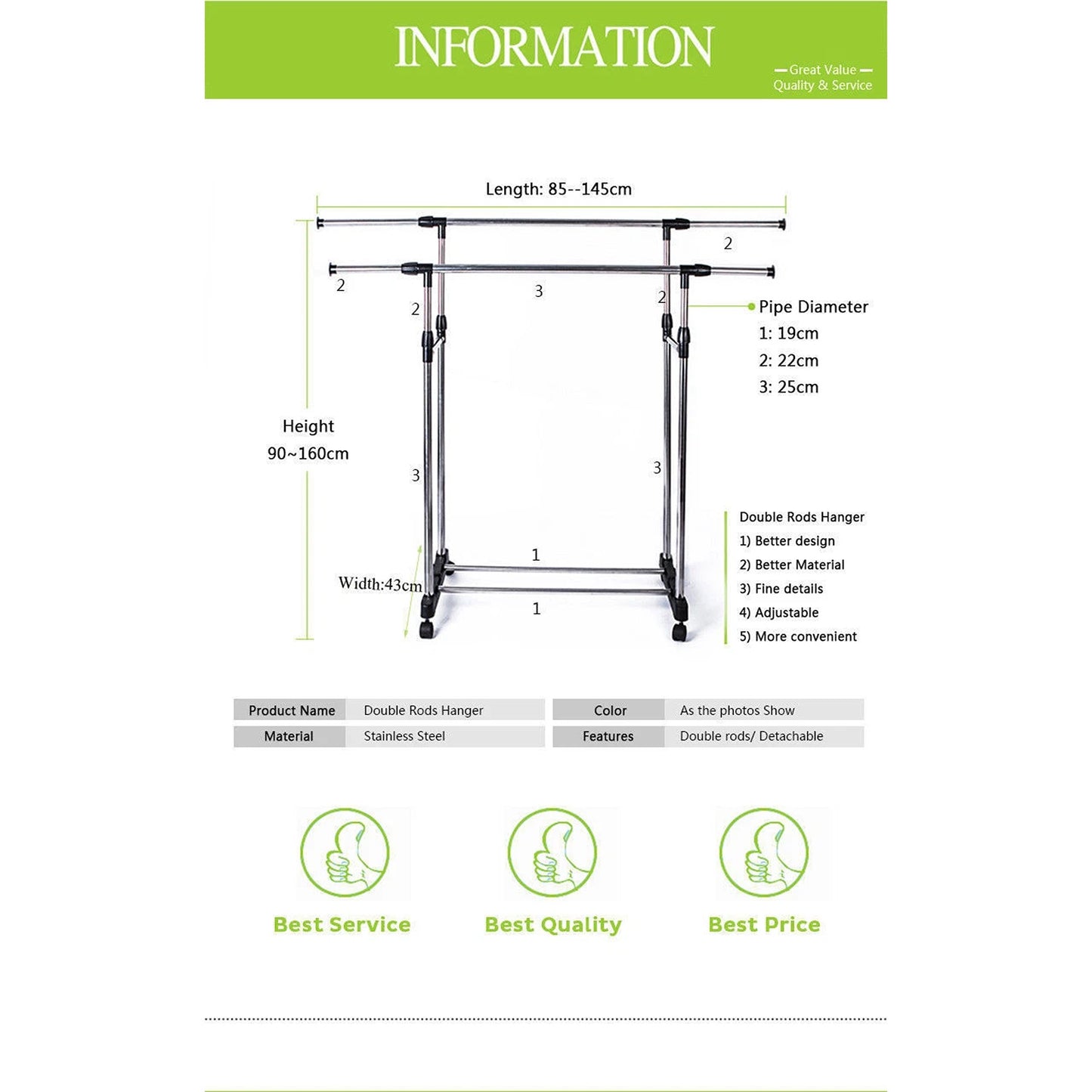 Double Clothes Stainless Steel Rack Hanger Adjustable Garment Coat Holder