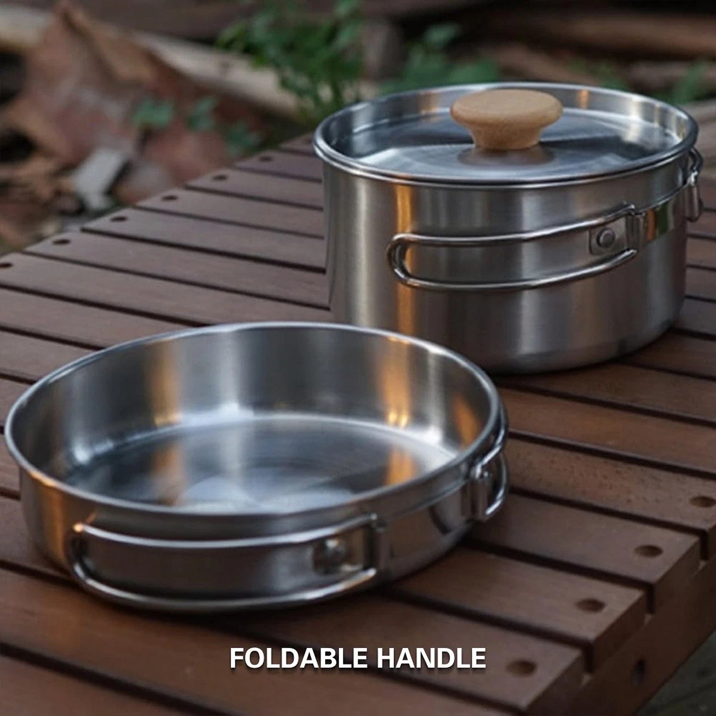 2pcs Stainless Steel Camping Pot and Pan Set with Folding Handles