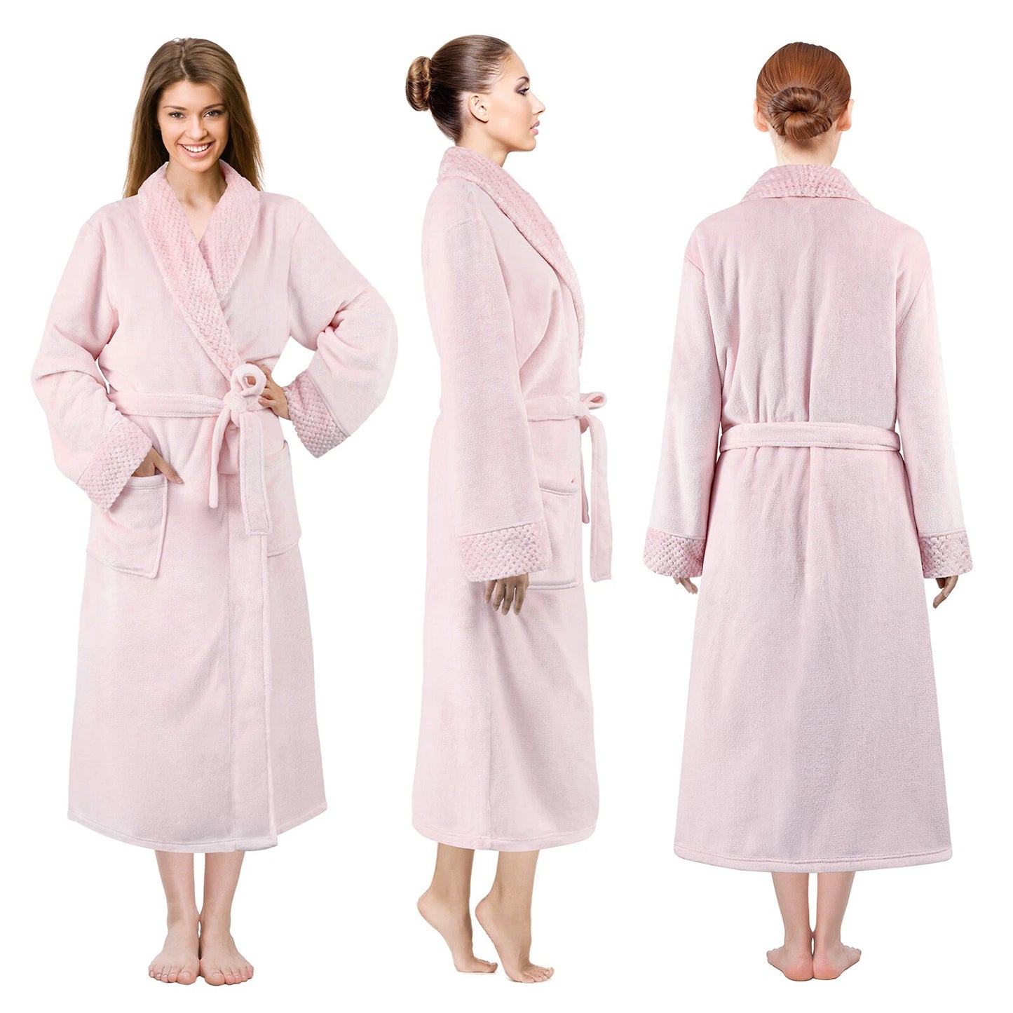 Flannel Fleece Bathrobe for Women and Men Lounge Dressing Gown - Light Pink