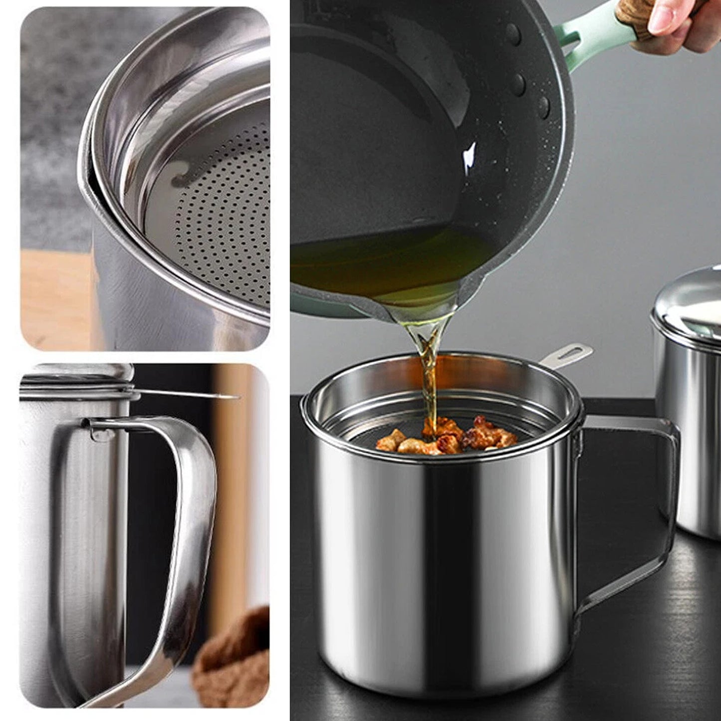 Cooking Oil Filter Container with Lid and Strainer