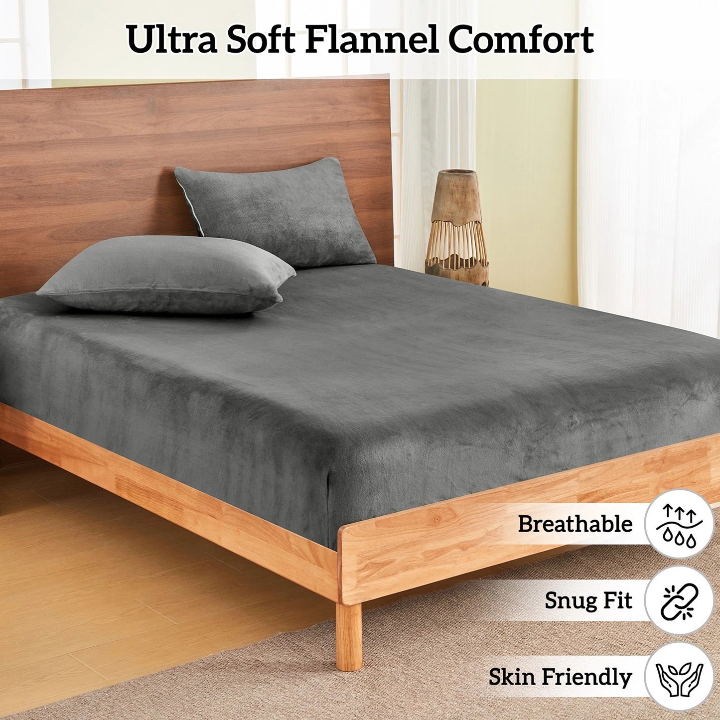 Charcoal Warm Flannelette Fitted Sheet and Pillowcase Set No Flat Sheet
