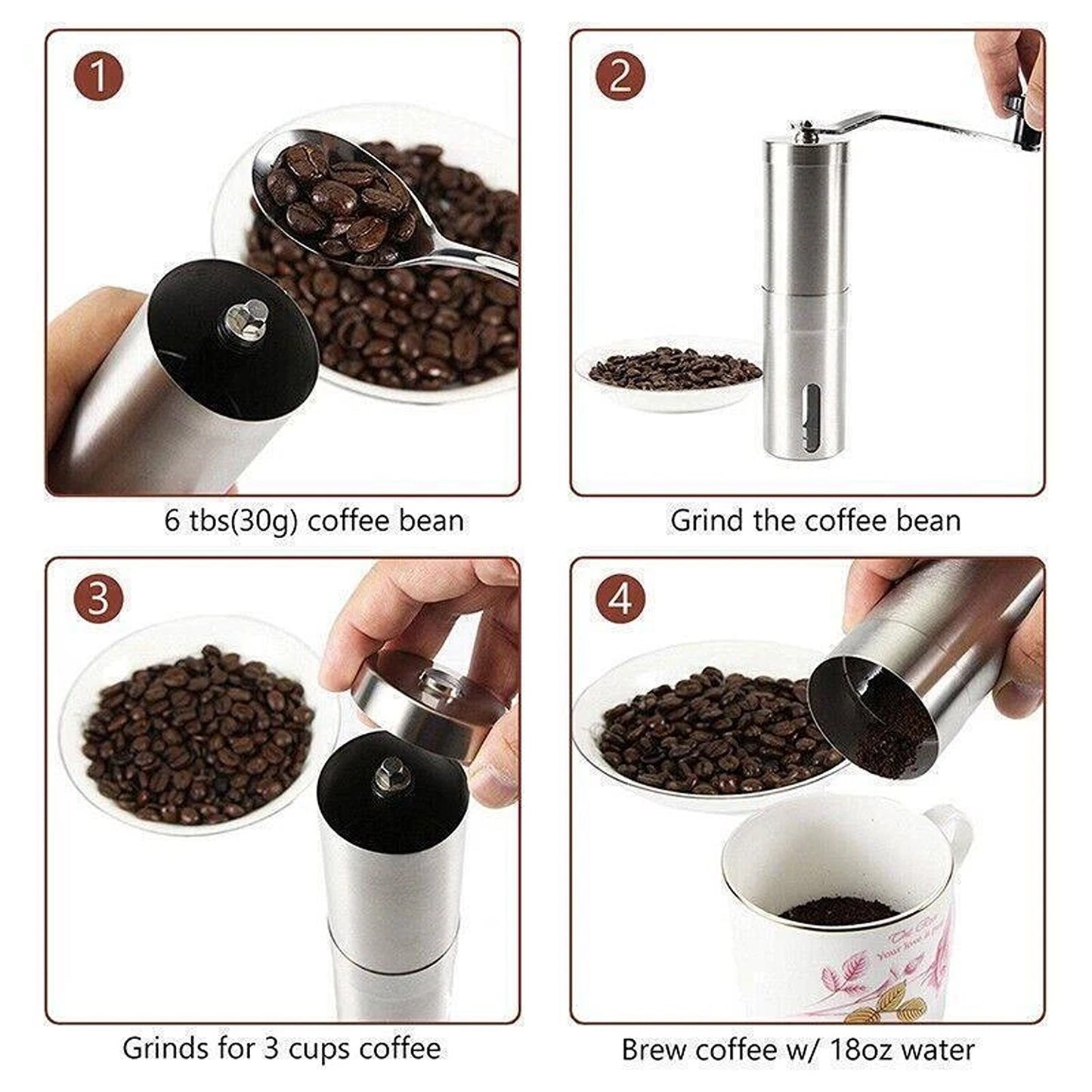 Manual Coffee Bean Grinder with Stainless Steel Body and Ceramic Burr