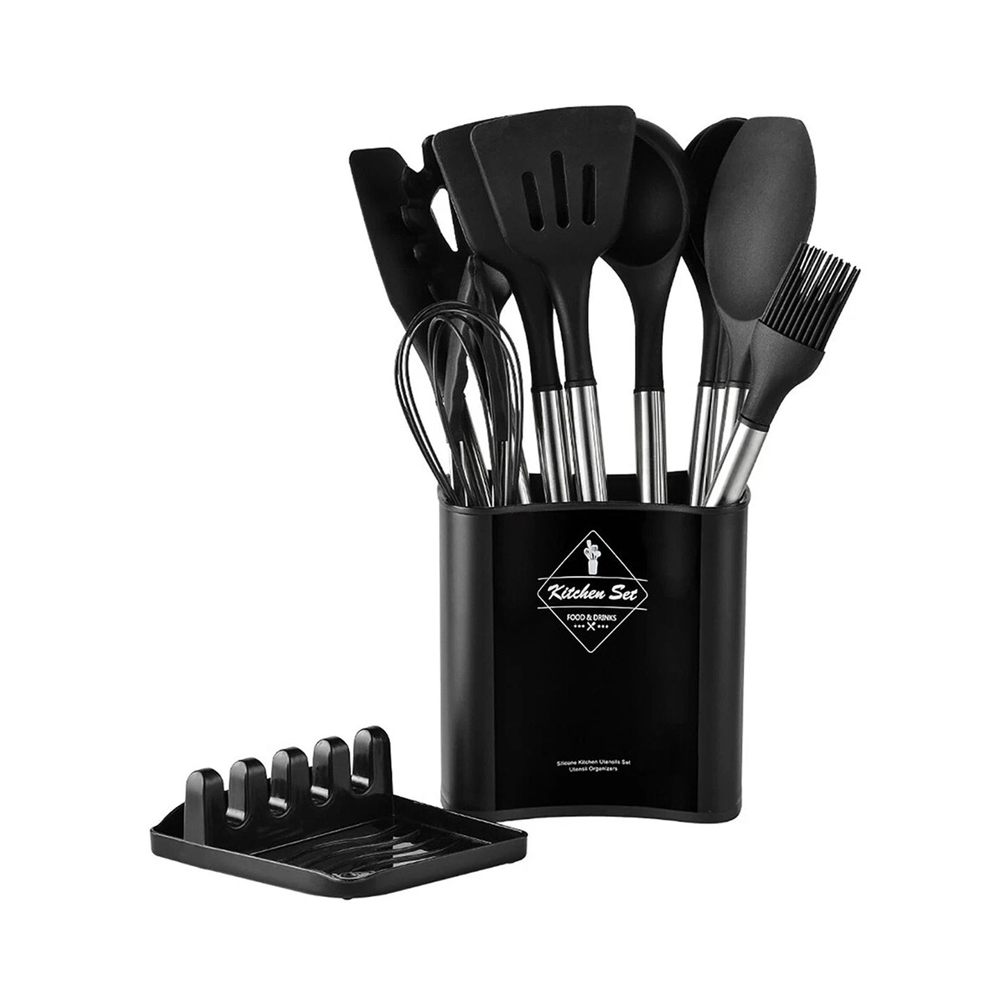 13 Piece Kitchen Utensil Set Silicone Tools with Stainless Steel Handles - Black