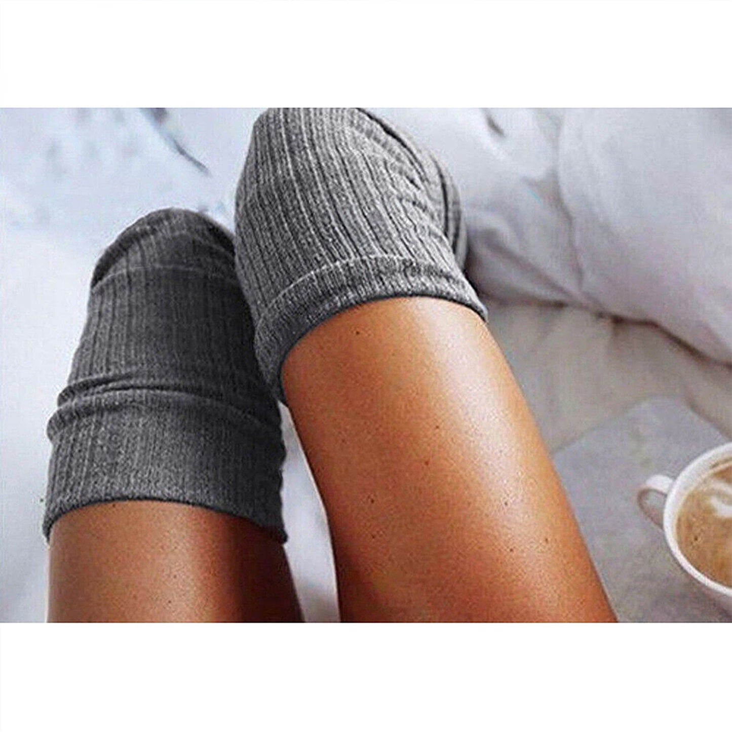 Solid Color Thigh High Socks Cable Knit - Dark Grey