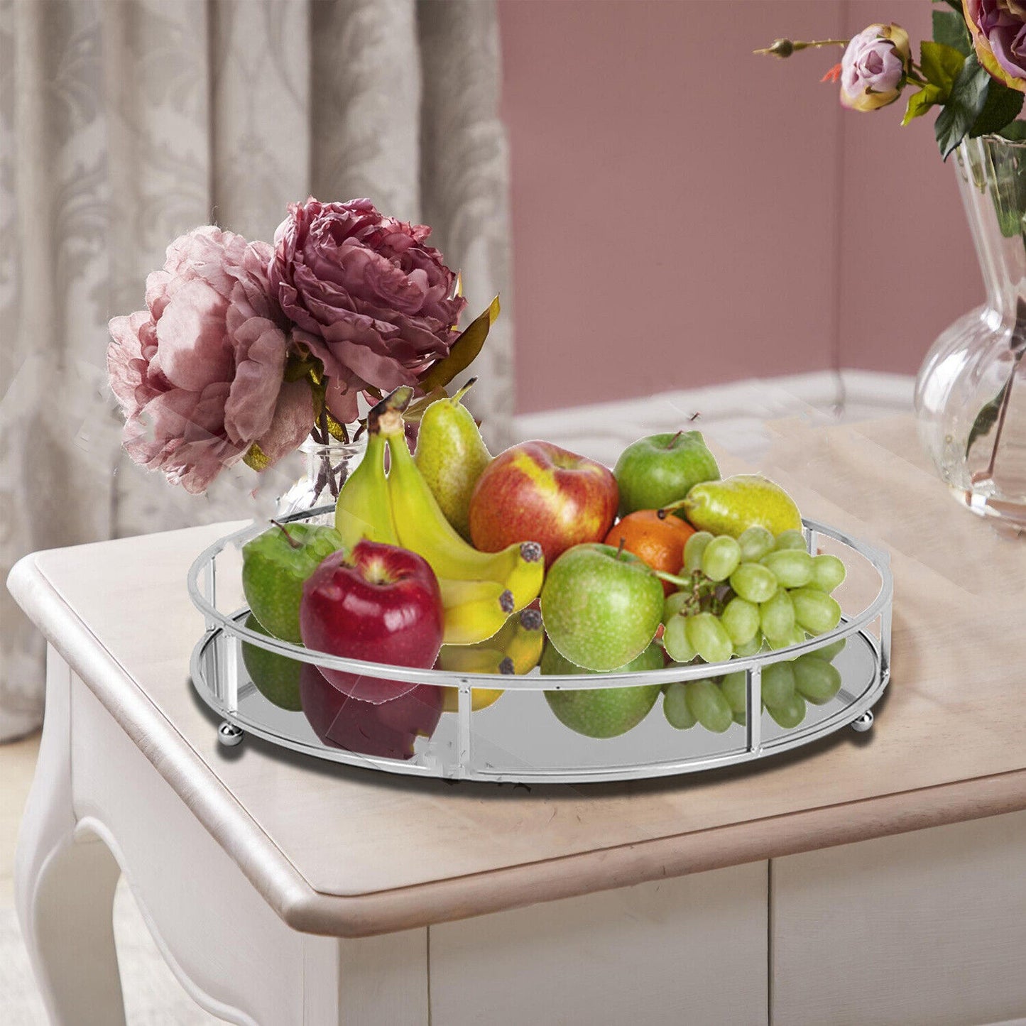 Round Mirror Serving Tray Table Home Chrome