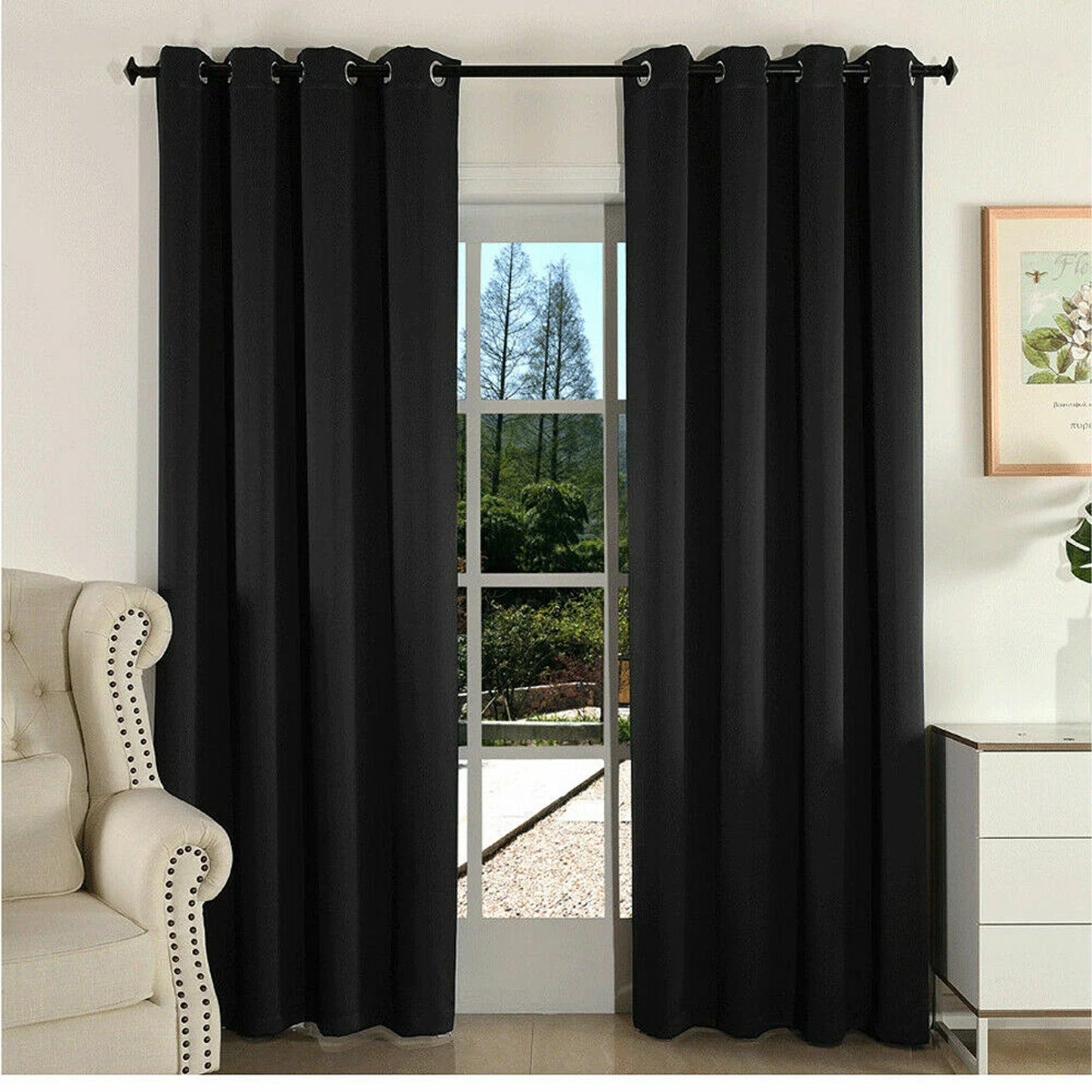 2x Eyelet Blackout Curtains Blockout Drapes for Bedroom Window Pair - Black