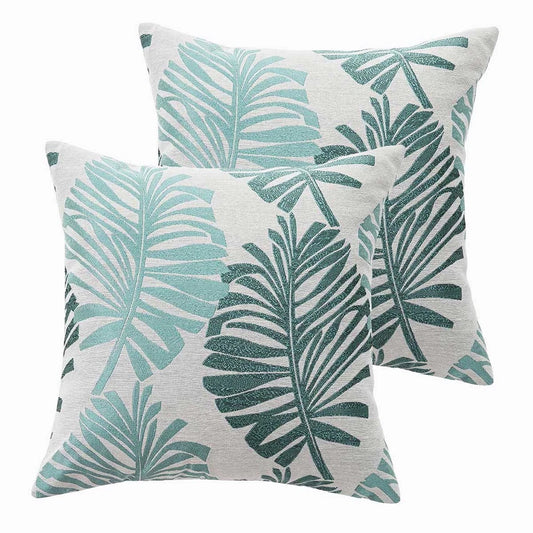 Aqua 2PCS Tropical Palm Cushion Covers Jacquard Cotton Pillow Covers