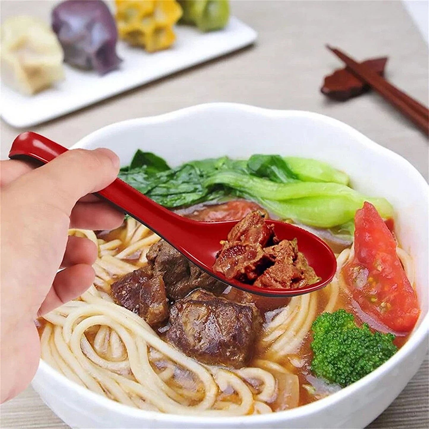 10PCS Japanese Chinese Style Ramen Soup Spoons with Hook Handle