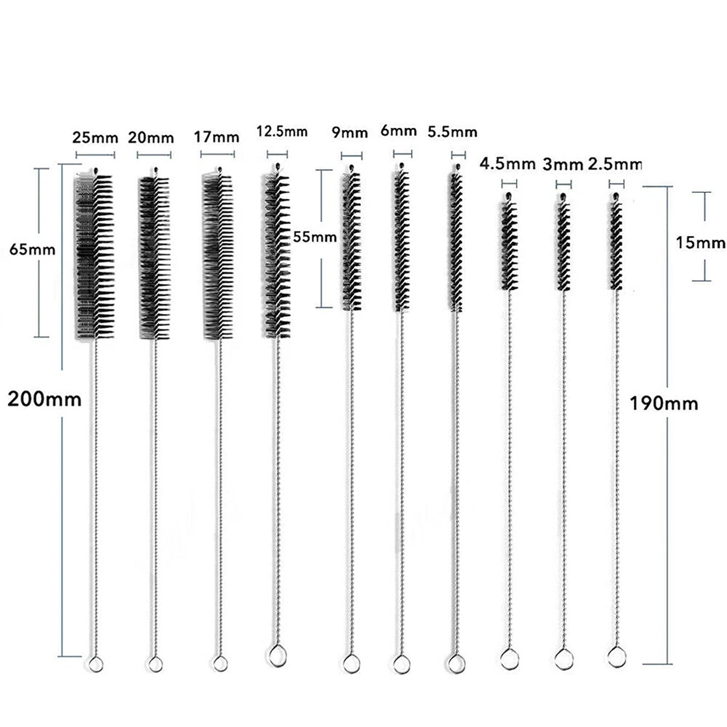 10 Piece Black Nylon Bottle Straw Tube and Pipe Cleaning Brush Set