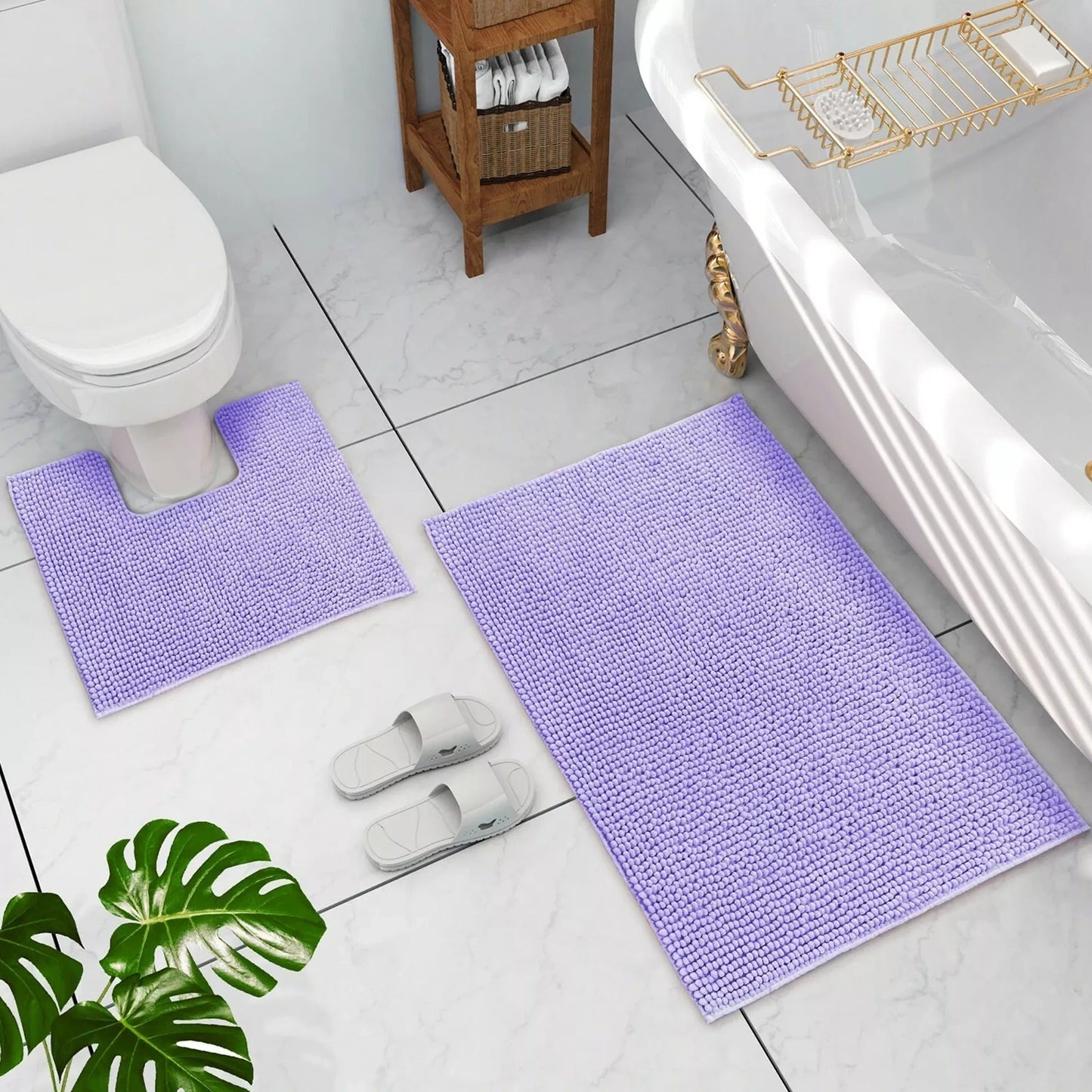 Purple Chenille Bathroom and Toilet Floor Mat Set 2 Pieces