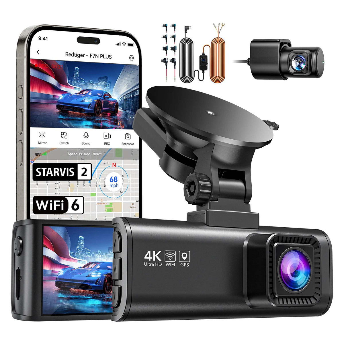 4K Dual Dash Camera STARVIS 2 with WiFi GPS and Hardwire Kit