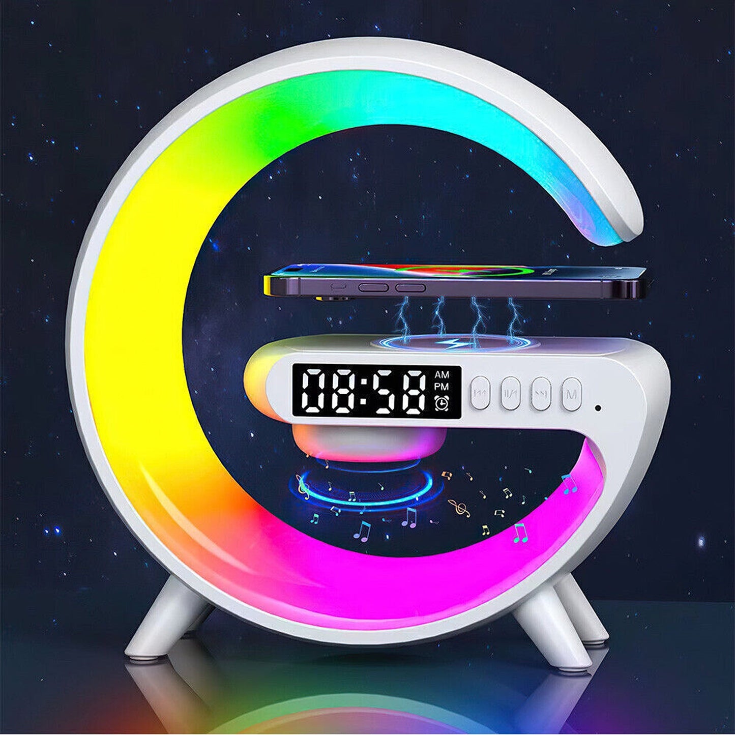 Wireless Charging Alarm Clock LED Night Light Bluetooth Speaker Timer