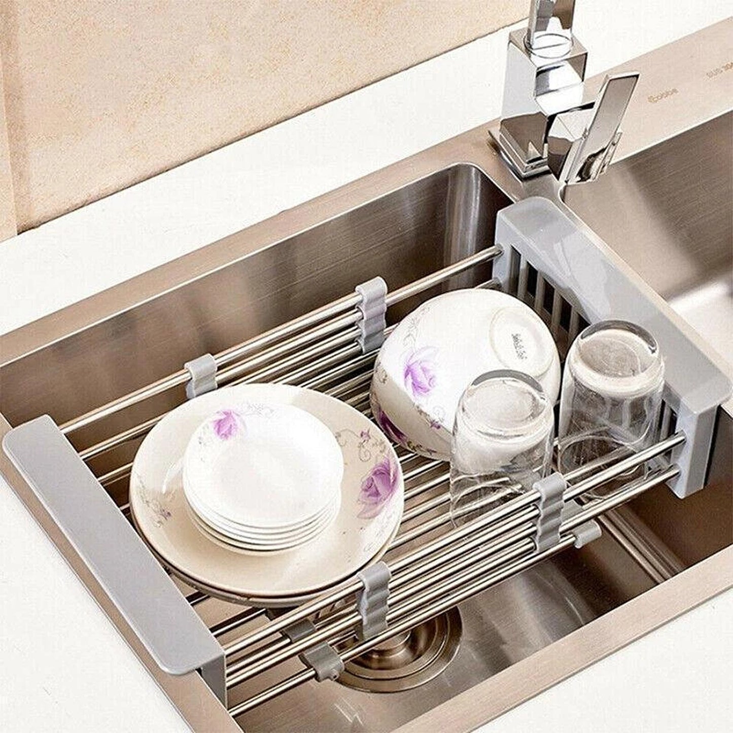 Stainless Steel Sink Drain Basket Dish Drying Rack Kitchen Organizer