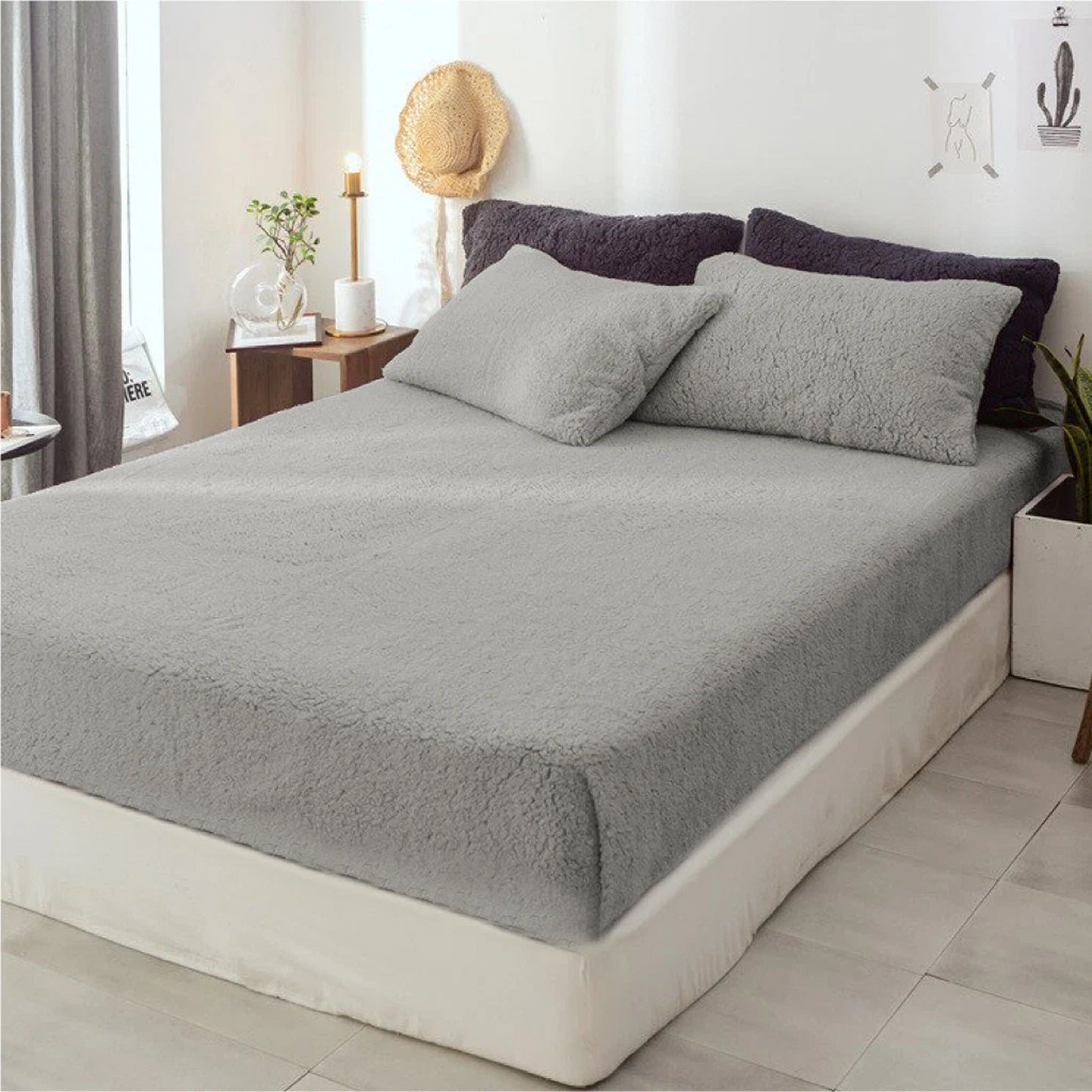 Soft Warm Fleece Fitted Sheet with Pillowcase Teddy Bear Fabric - Grey