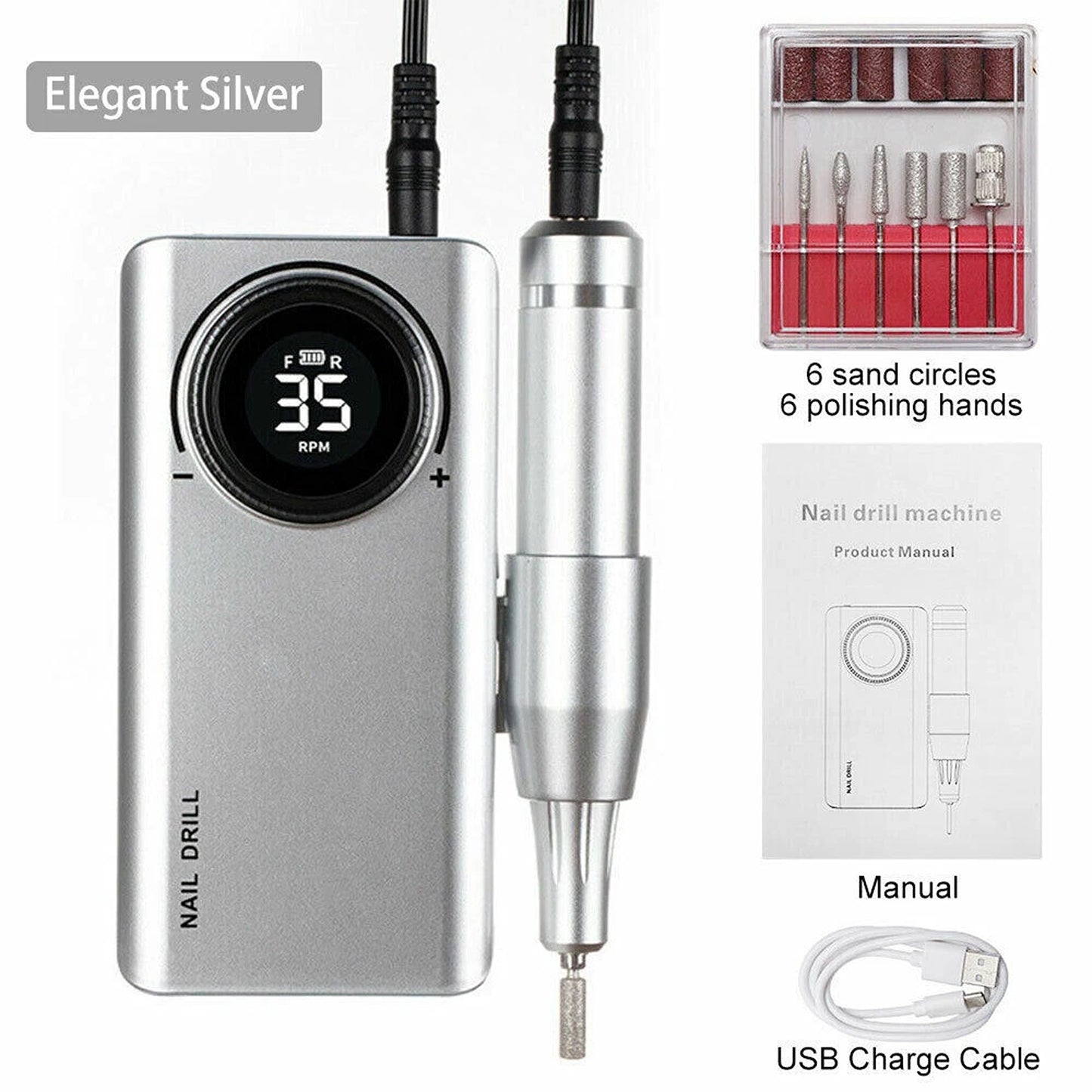 Silver Portable Nail Drill Machine for Manicure and Pedicure 35000RPM
