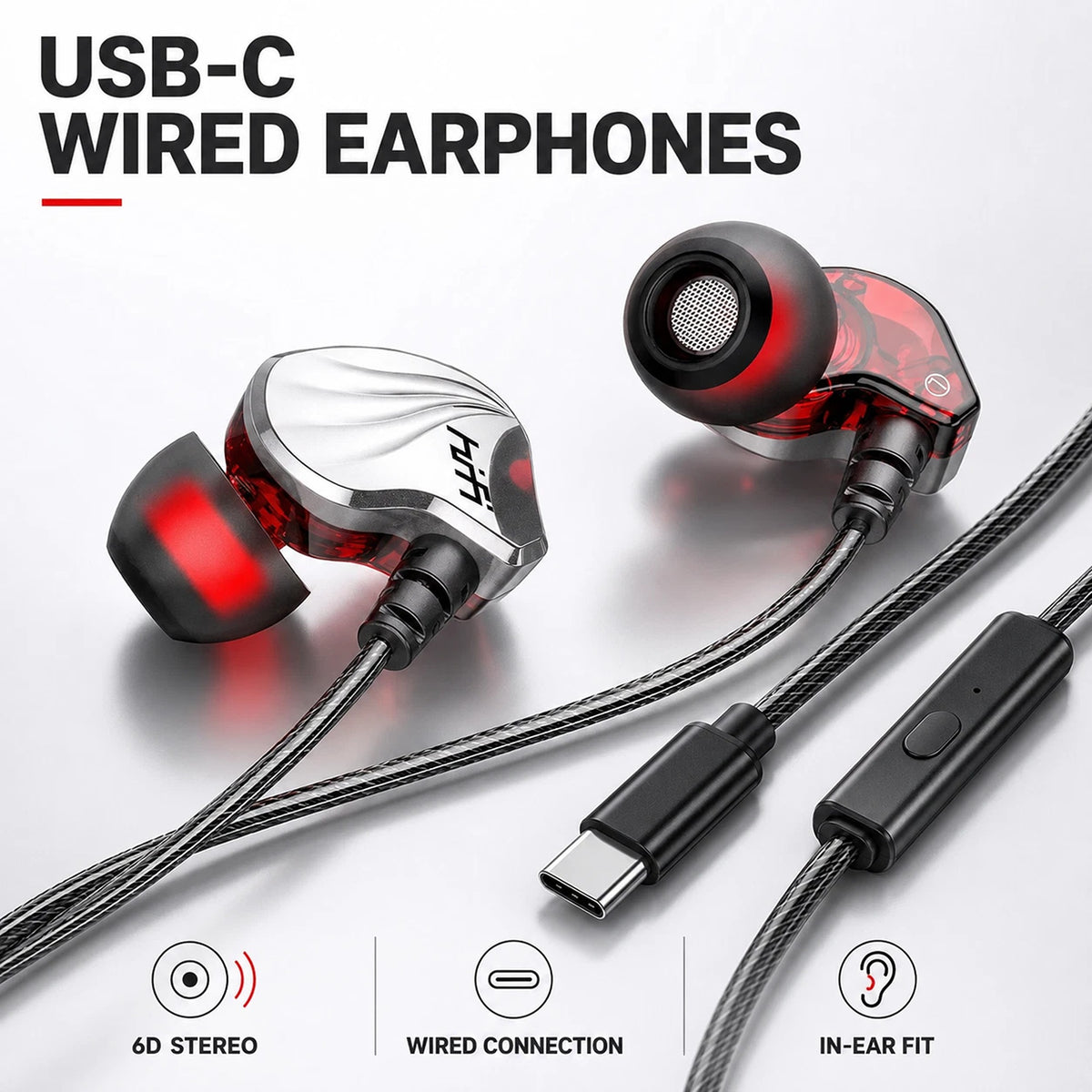 6D Stereo USB C Earphones Wired Headset for iPhone 15 16 and Samsung