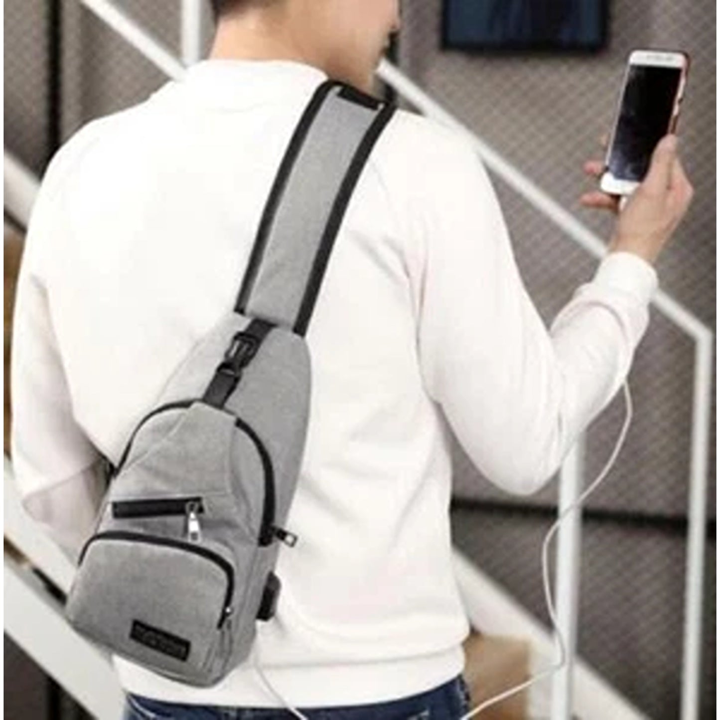Grey Mens Crossbody Satchel Bag Lightweight Travel Chest Pack