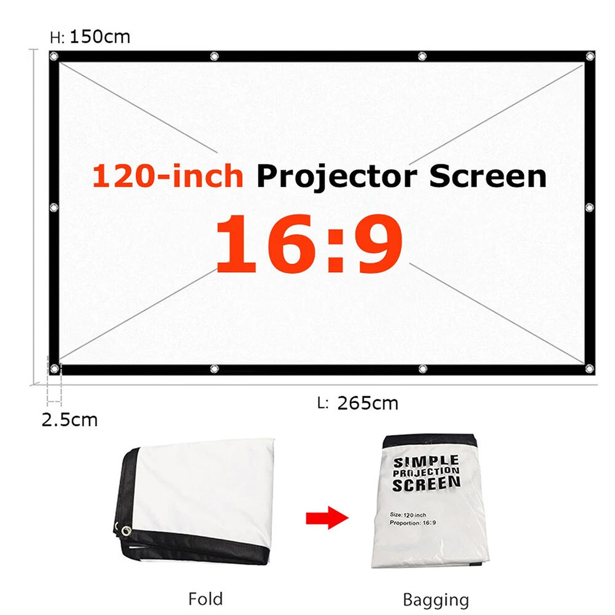 Foldable 120 Inch Projector Screen 16:9 HD Hanging Movie Cinema
