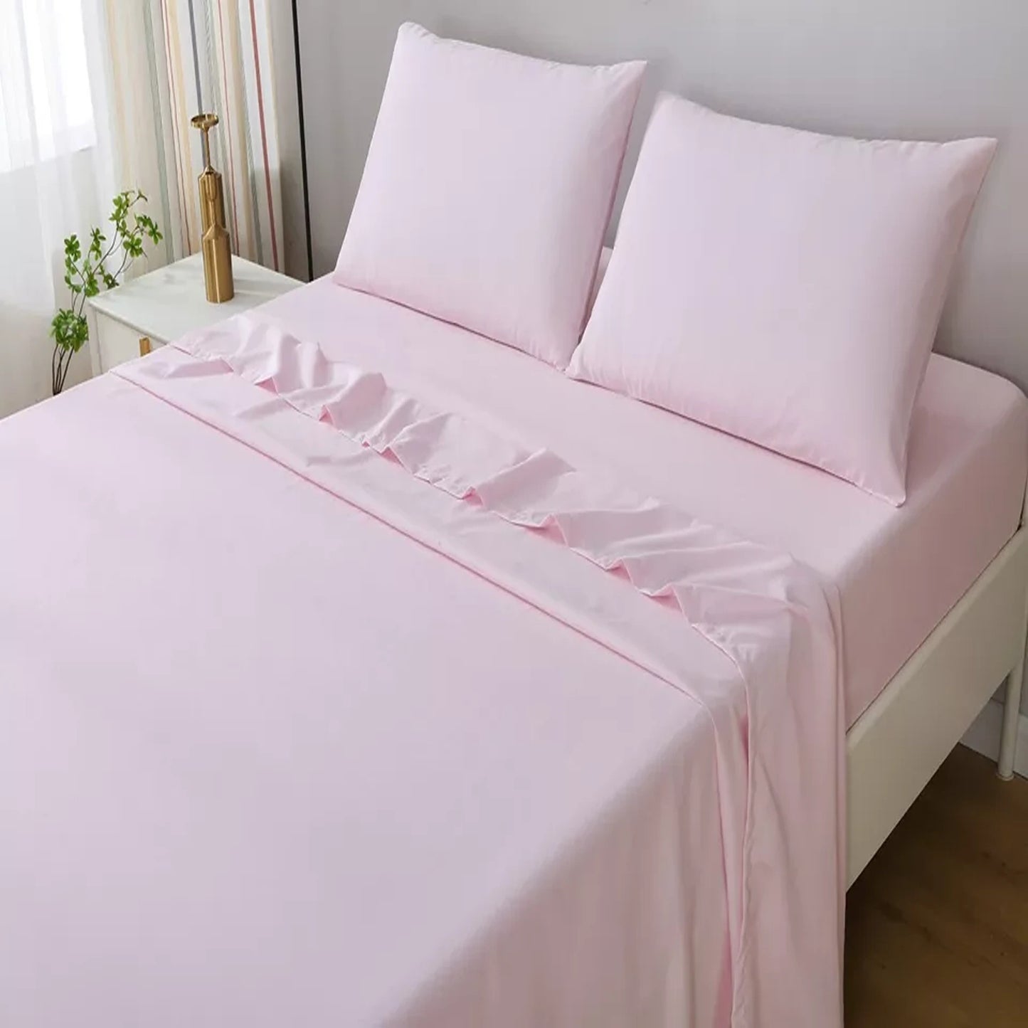 2000TC Flat Fitted Sheet and Pillowcase Set for S KS D Queen King - Light Pink
