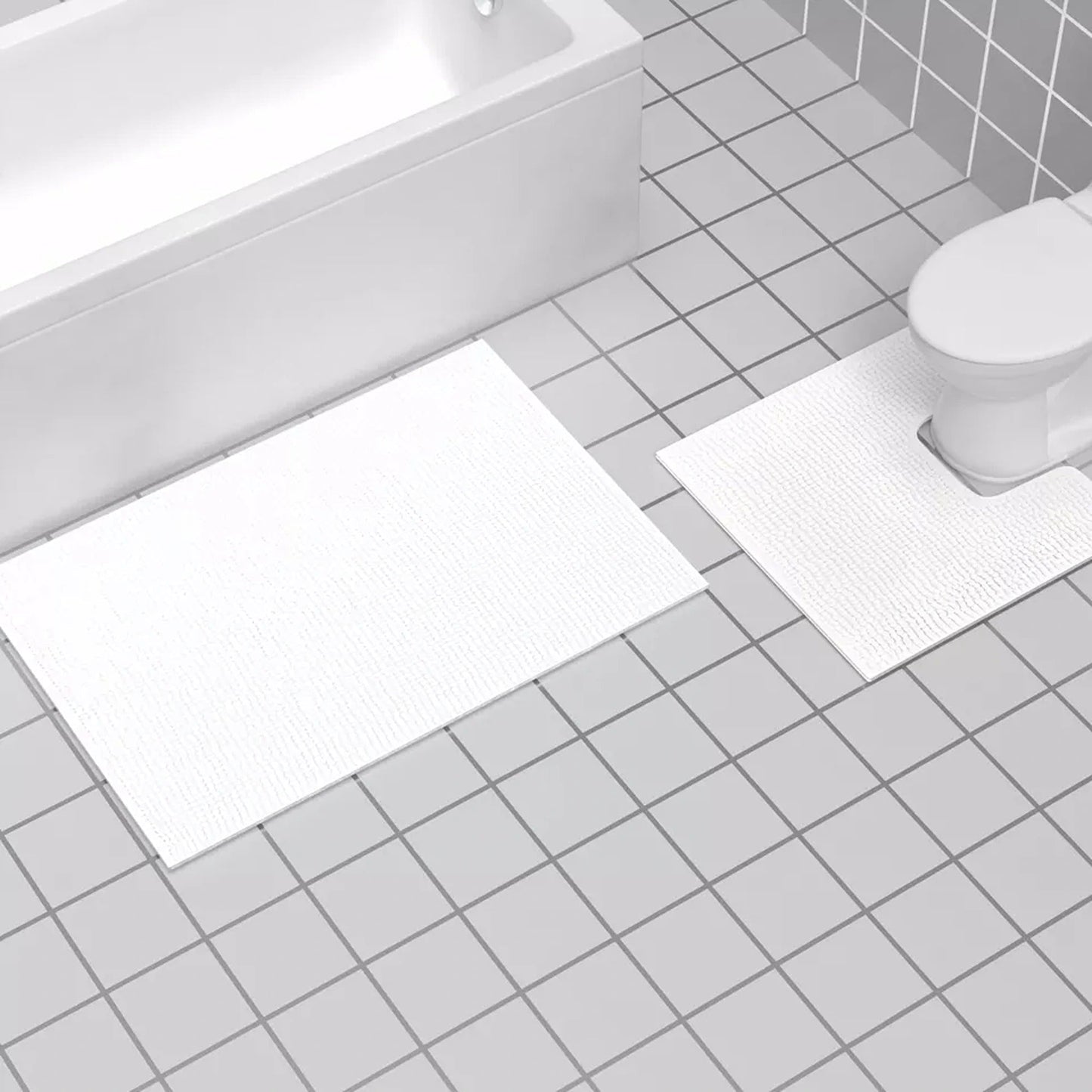 White Chenille Bathroom and Toilet Floor Mat Set 2 Pieces