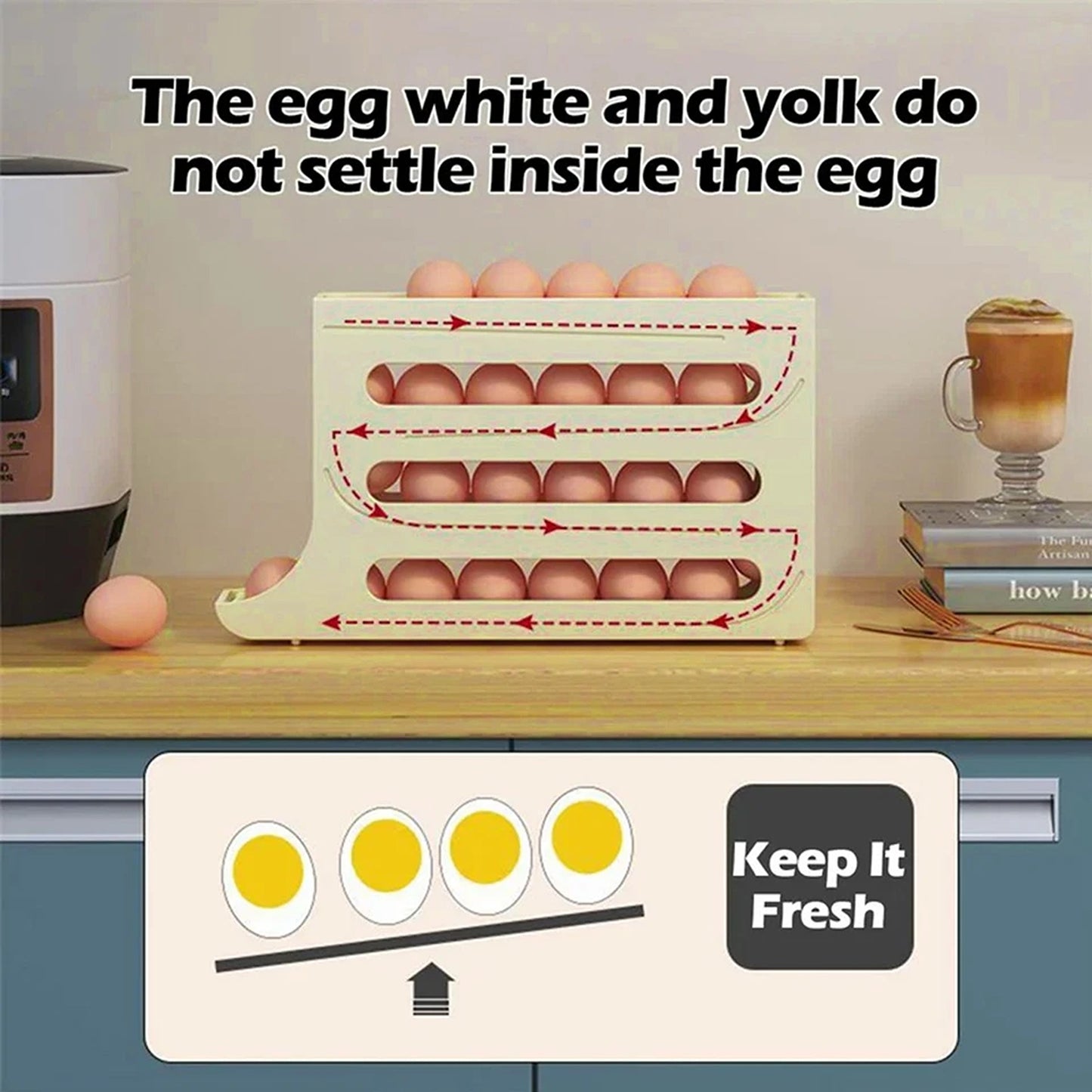 Cream 4-Tier Automatic Egg Dispenser Storage Rack for Refrigerator