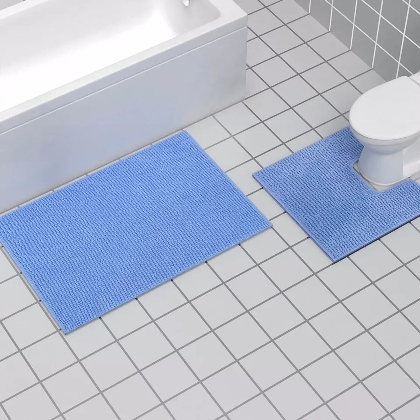 Sky Blue Chenille Bathroom and Toilet Floor Mat Set 2 Pieces