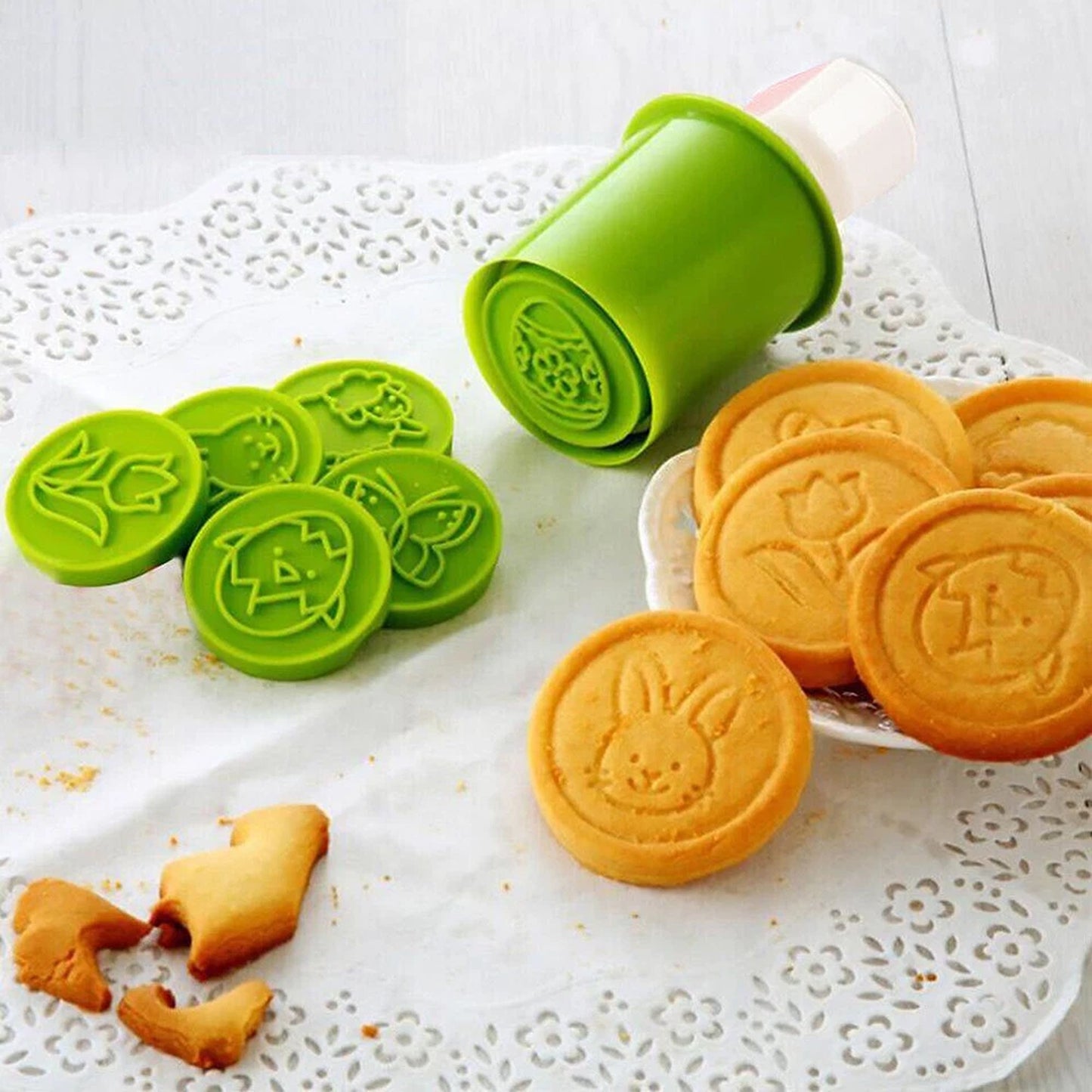Green 6 Piece Biscuit Cookie Stamp Set With 6 Pattern Cutter Molds