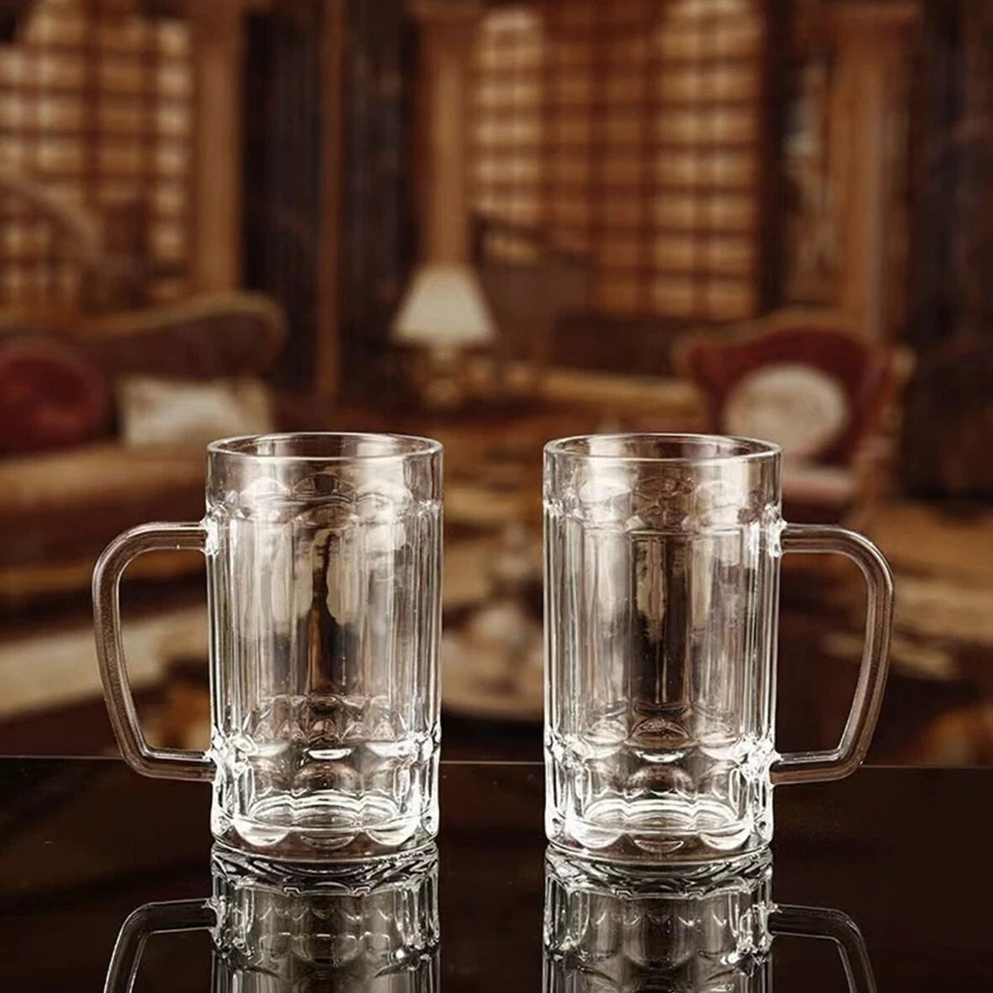 6 Piece 400ml Heavy Glass Beer Mugs with Handles