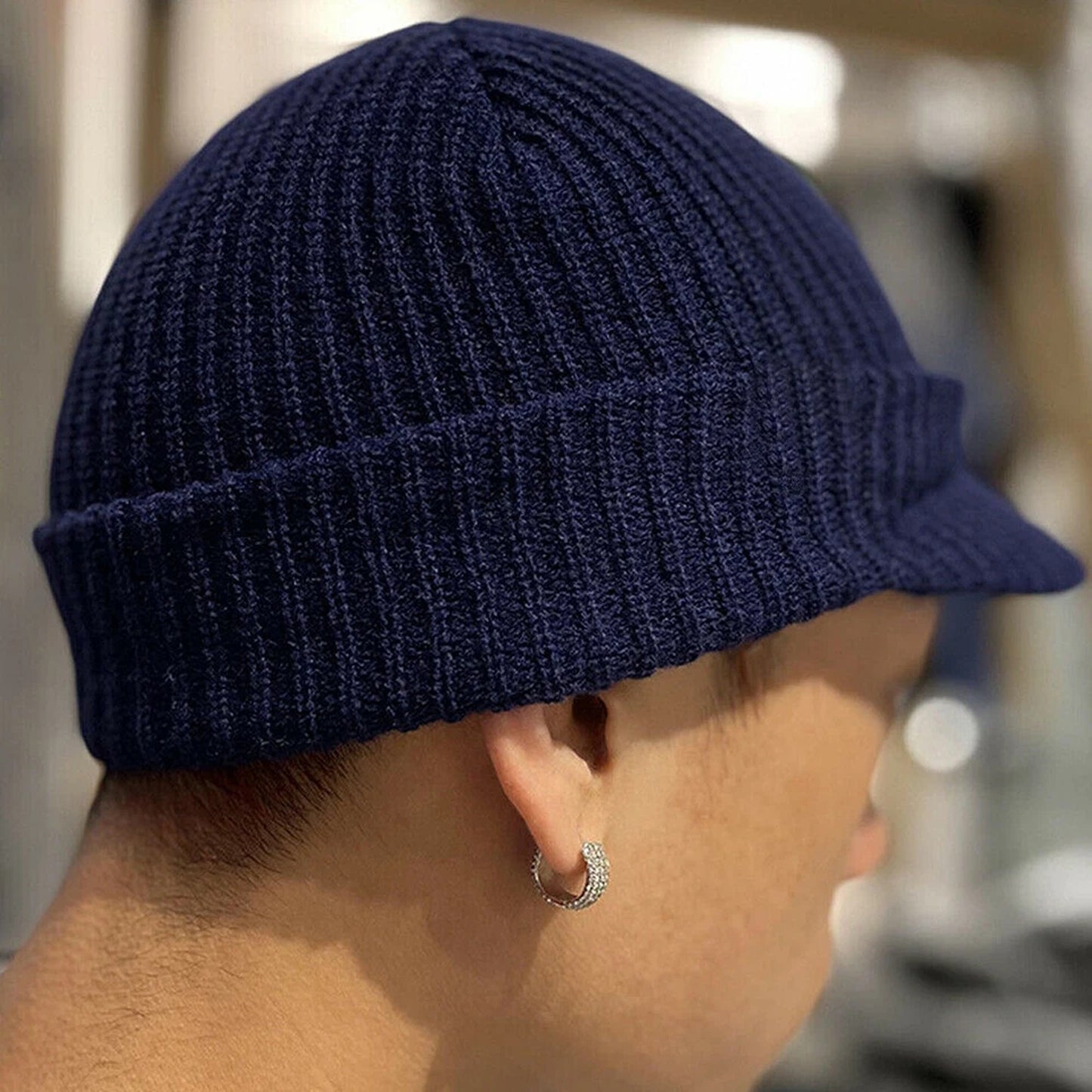 Navy Grey Outdoor Fleece Lined Knit Hat for Cold Weather