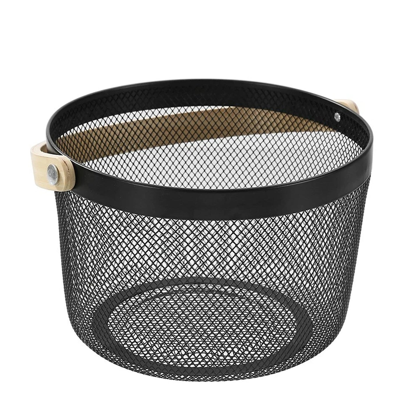 Black Mesh Round Basket With Wooden Handle Fruit Bread Storage Basket