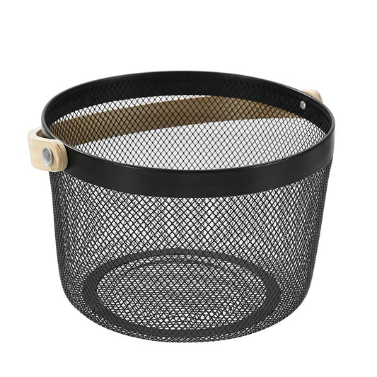 Black Mesh Round Basket With Wooden Handle Fruit Bread Storage Basket